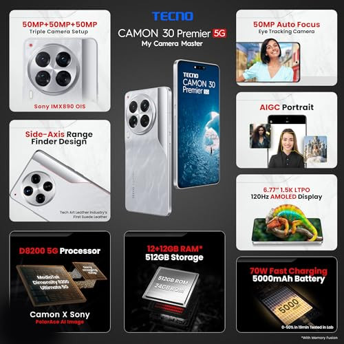 Tecno CAMON 30 Premier 5G Snowy Silver 12GB512GB 50 MP Camera 677 LTPO AMOLED Display MediaTek Dimensity 8200 5000mAh Battary 70W Charger PolarAce Image Processor