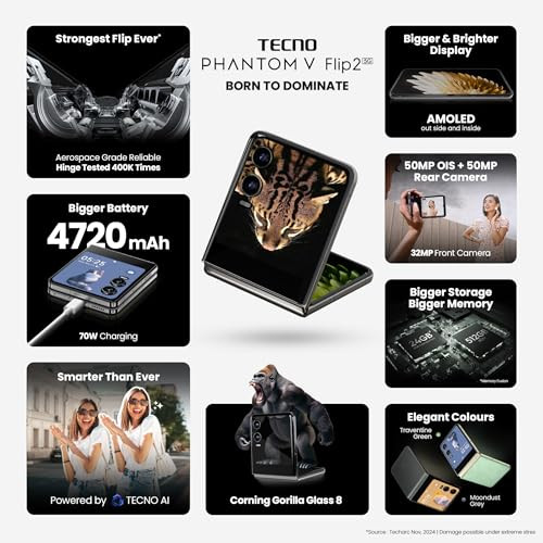 TECNO Phantom V Flip 2 Moondust Grey 8GB256GB Strongest Flip Ever 4720mAh with 70W Charger Advance AI Features 50MP OIS50MP Camera 69 120Hz AMOLED Main 364 AMOLED Cover Screen