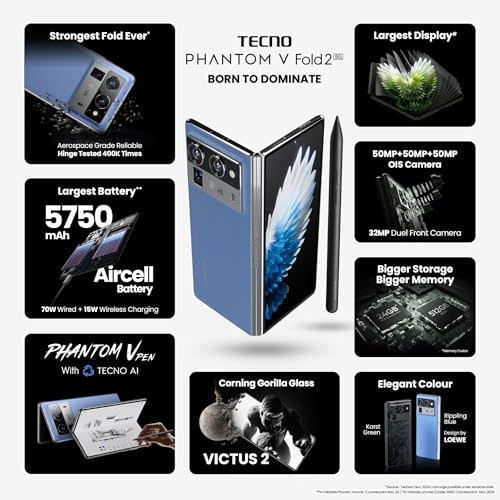 Tecno Phantom V Fold 2 Rippling Blue 12GB512GB Strongest Fold Ever Largest Battery in Fold Segment-5750mAh Segment Largest Display Rear - Triple 50MP Camera with OIS 70W Fast Charger