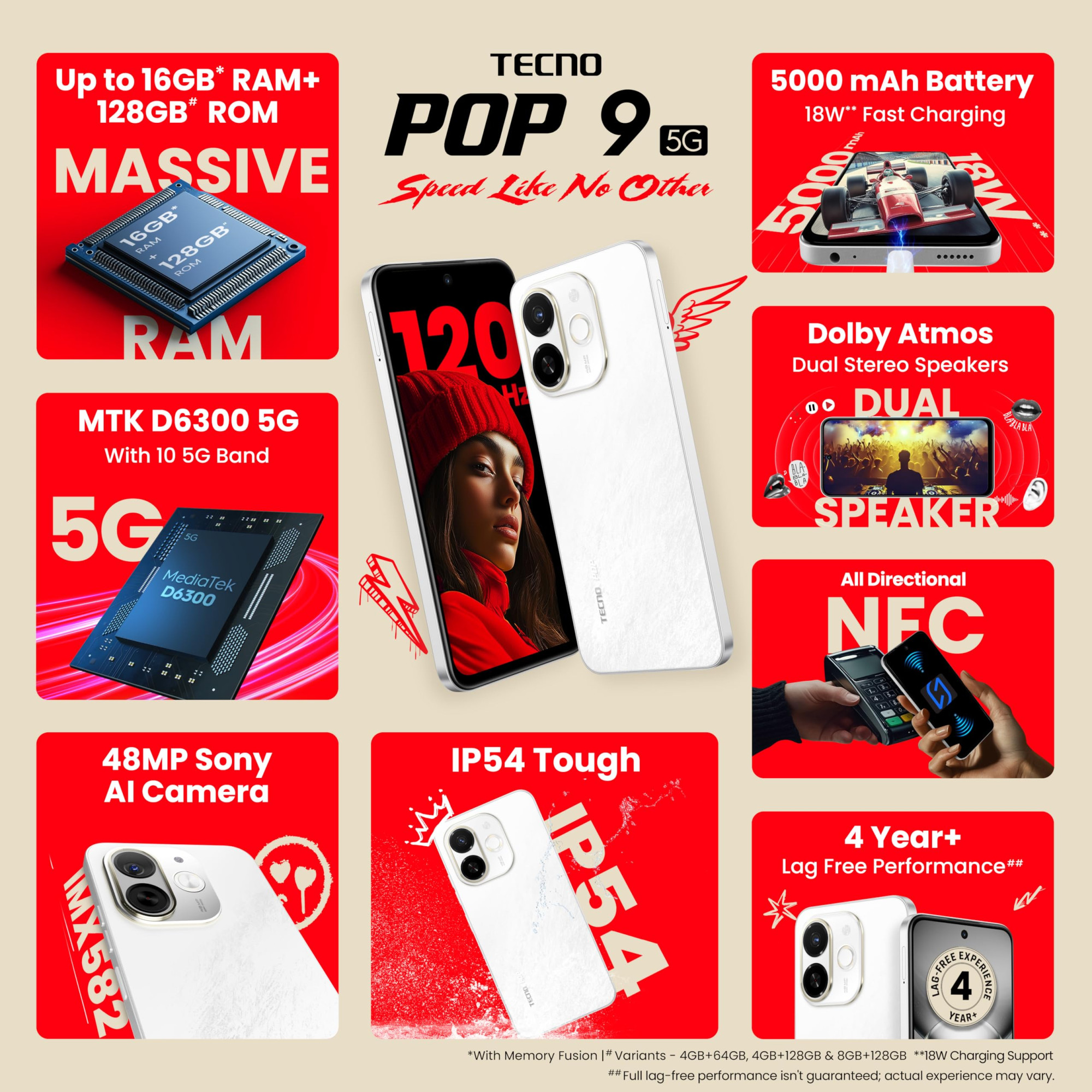 Tecno POP 9 5G Aurora Cloud 8GB128GB D6300 5G Processor 48MP Sony AI Camera 4 Year Lag Free Fluency 5000 mAh Battery Dual Speaker Without Charger