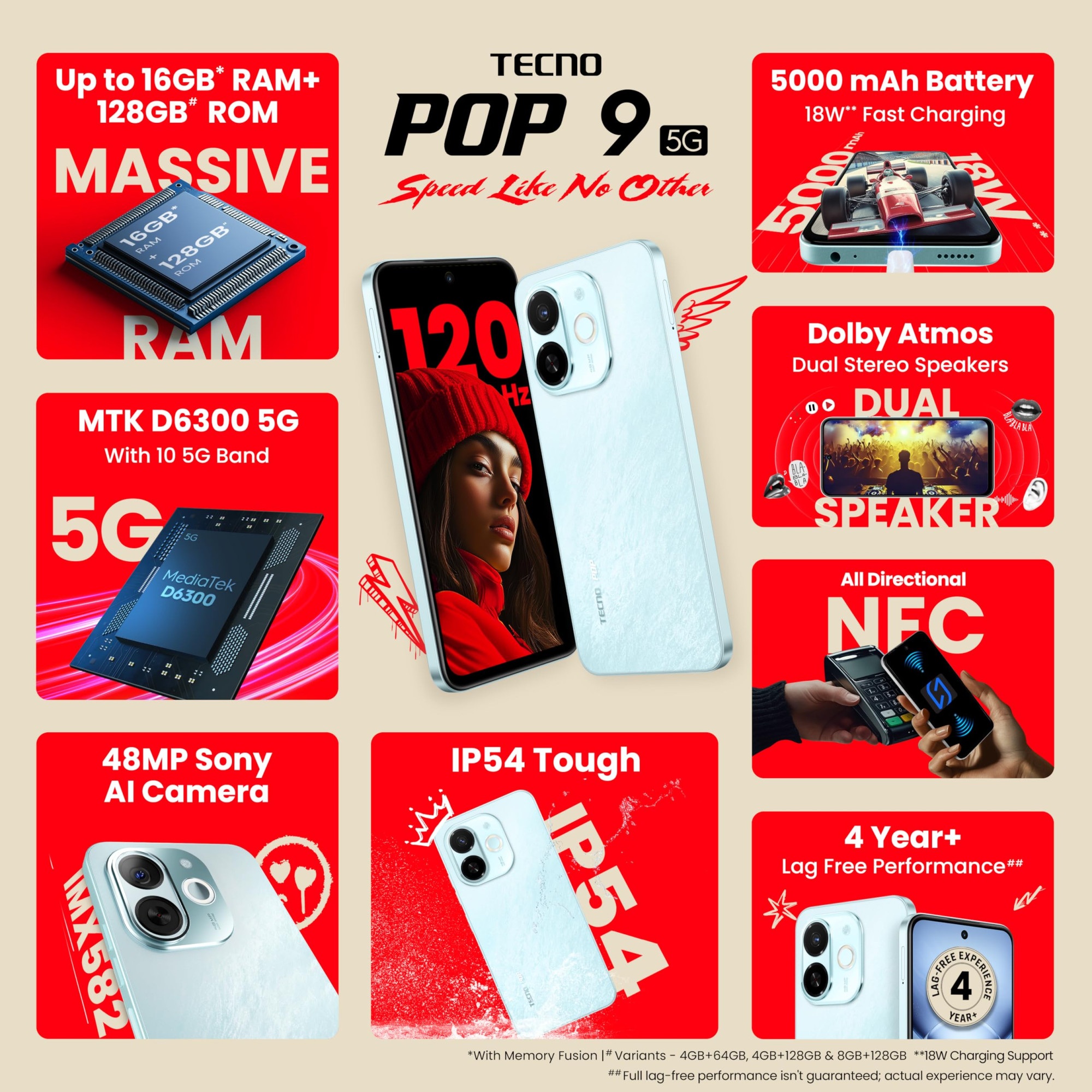 Tecno POP 9 5G Azure Sky 8GB128GB D6300 5G Processor 48MP Sony AI Camera 4 Year Lag Free Fluency 5000 mAh Battery Dual Speaker Without Charger