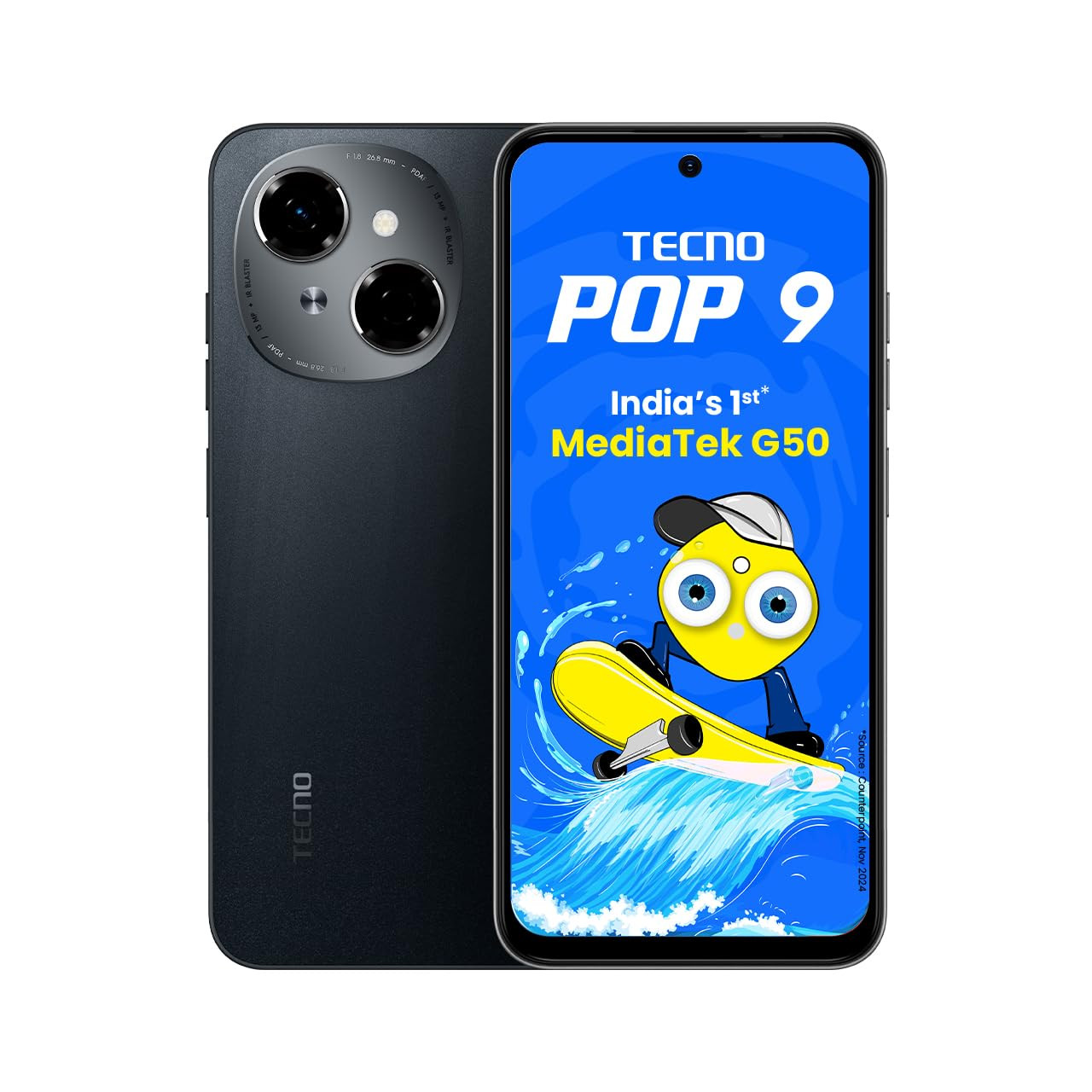 Tecno POP 9 Startrail Black 3GB64GB Indias 1st Mediatek G50 IP54 Rated IR Remote Dual Speaker with DTS 36 Month Lag Free Fluency 15W Fast Charging Support 5000 mAh Battery