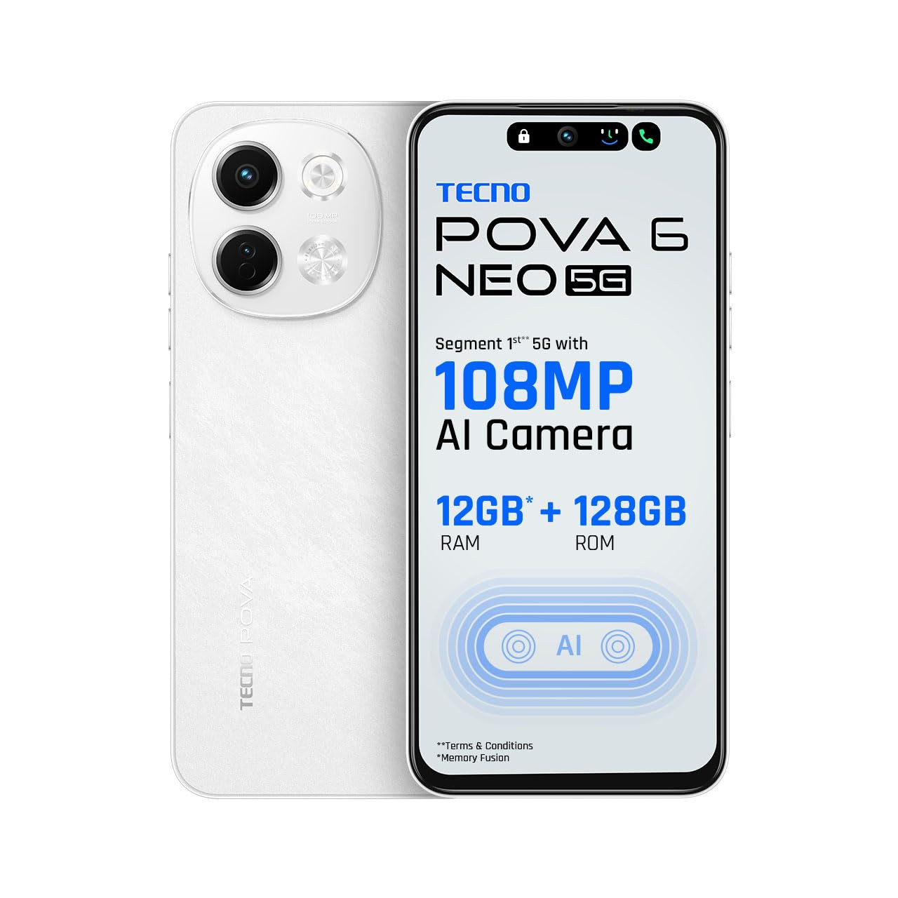 Tecno POVA 6 NEO 5G Aurora Cloud 6GB128GB Advanced AI Features 108MP Ultra Clear AI Camera D6300 Powerful Processor 5 Year Lag Free Fluency 5000 mAh Battery in Built Infrared and NFC