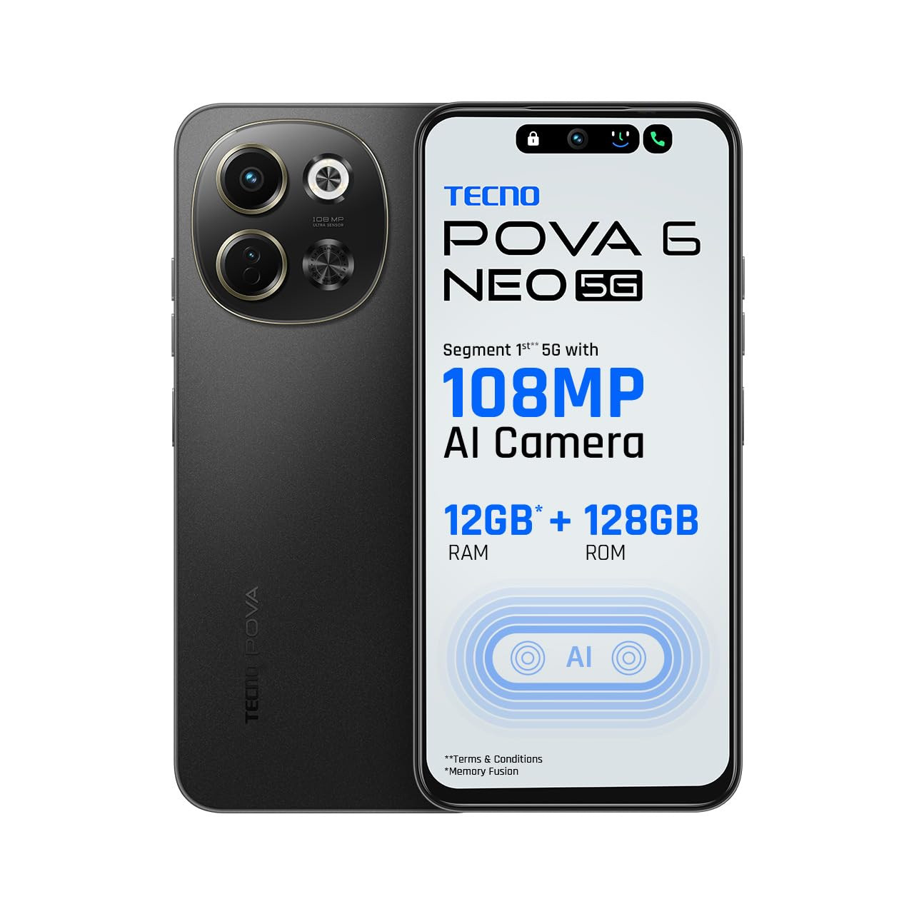TECNO POVA 6 NEO 5G Midnight Shadow 6GB128GB Advanced AI Features 108MP Ultra Clear AI Camera D6300 Powerful Processor 5 Year Lag Free Fluency 5000 mAh Battery InBuilt Infrared and NFC