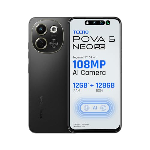 TECNO POVA 6 NEO 5G Midnight Shadow 8GB256GB Advanced AI Features 108MP Ultra Clear AI Camera D6300 Powerful Processor 5 Year Lag Free Fluency 5000 mAh Battery InBuilt Infrared and NFC