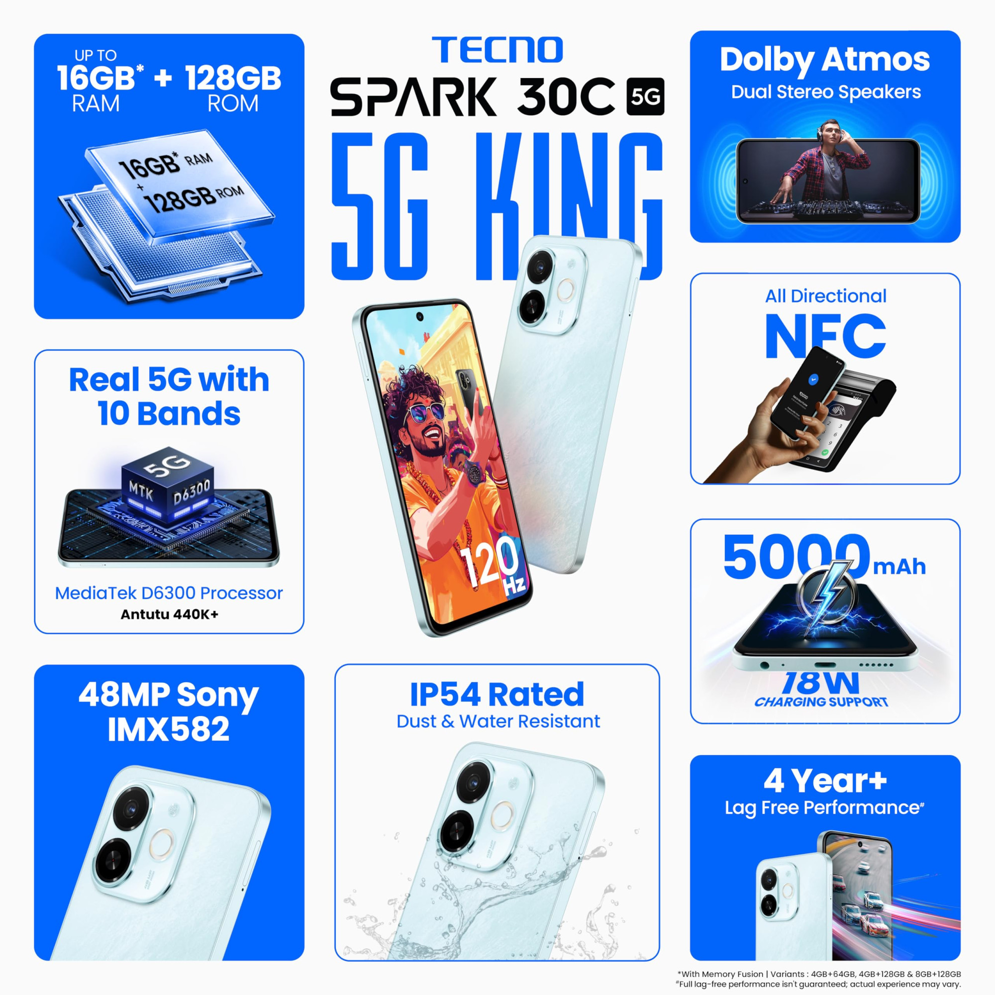 Tecno Spark 30C 5G Azure Sky 4GB128GB D6300 5G Processor 5000 mAh Battery NFC IR Remote Dolby Atmos