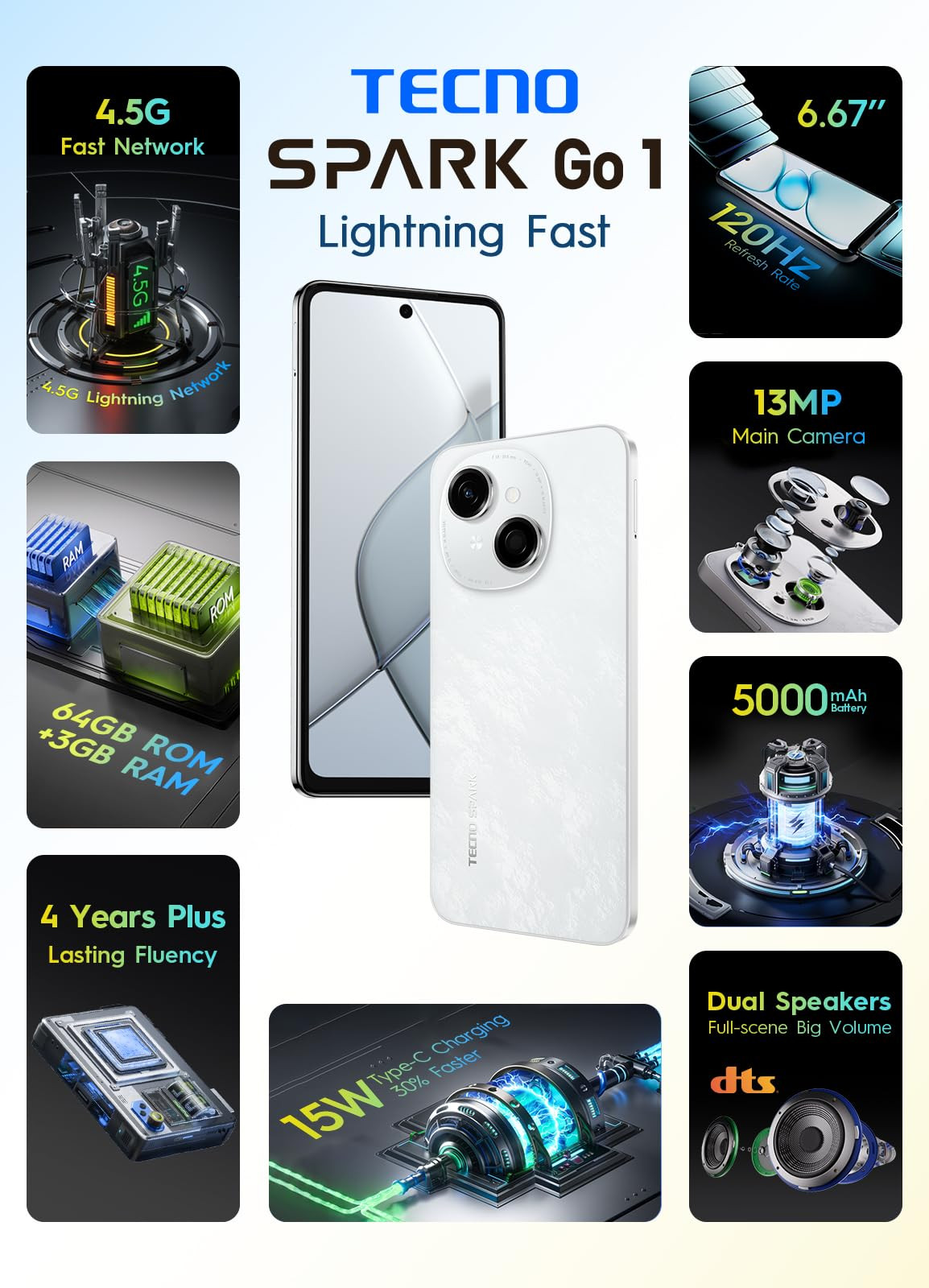 Tecno Spark GO 1 Glittery White 3GB64GB 4 Years Lag Free Fluency 667 120Hz Smooth Display 6GB Bigger RAM in-Built Infrared Remote Dual Speakers with DTS AI Call Noise Reduction