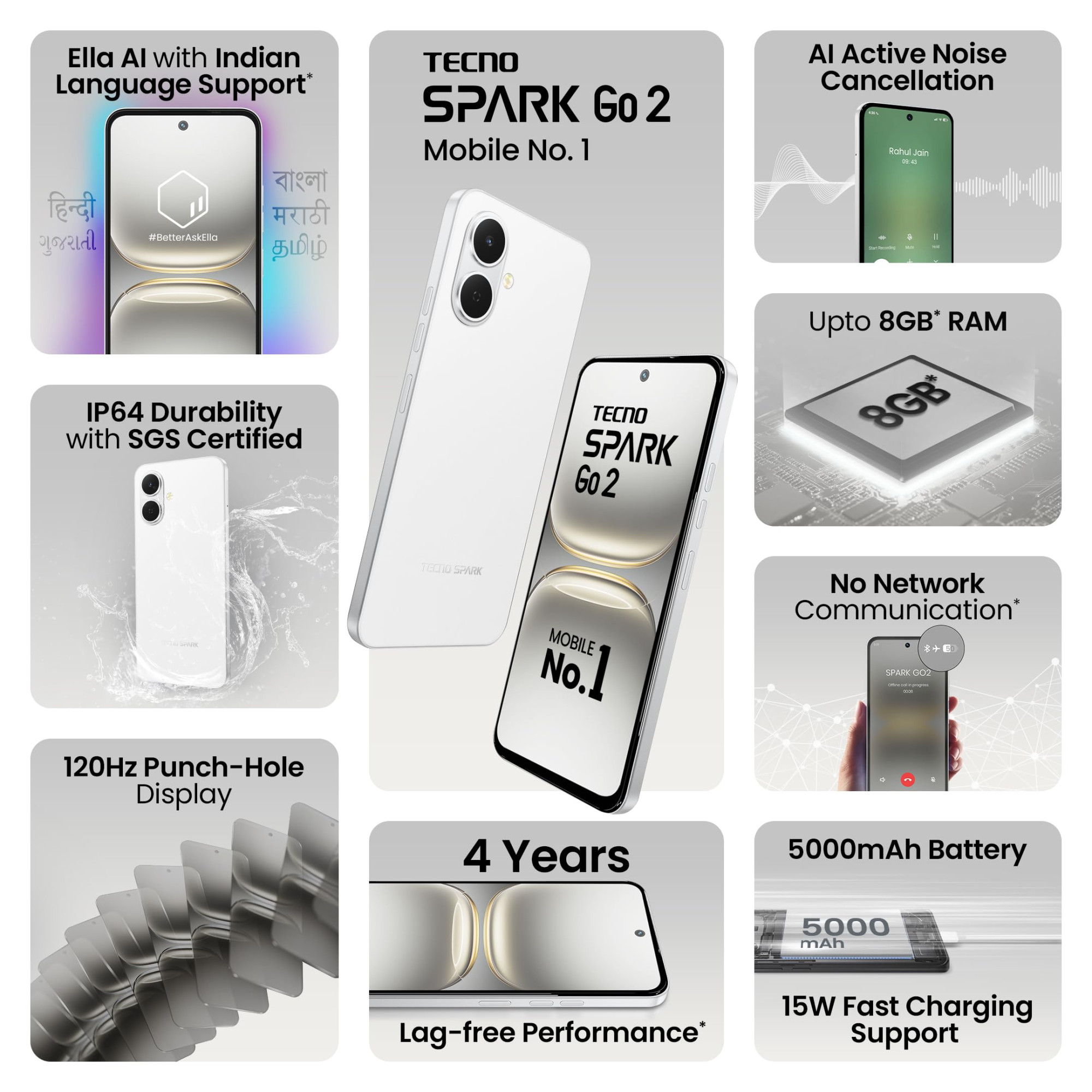 TECNO Spark GO 2 Veil White 4GB64GB Segment 1st IP64 SGS Certified Segments 1st AI with Indian Languages Segments 1st No Network Communications 120Hz Punch 5000mAh Battery