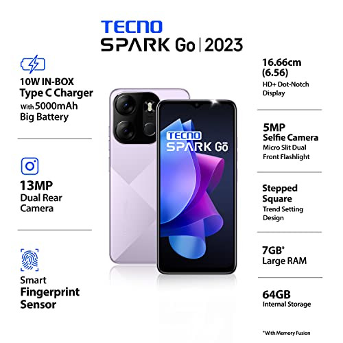 TECNO Spark Go 2023 Nebula Purple 4GB RAM64GB Storage 5000mAh Battery 656 HD Display 13MP Dual Rear Camera Type C Port