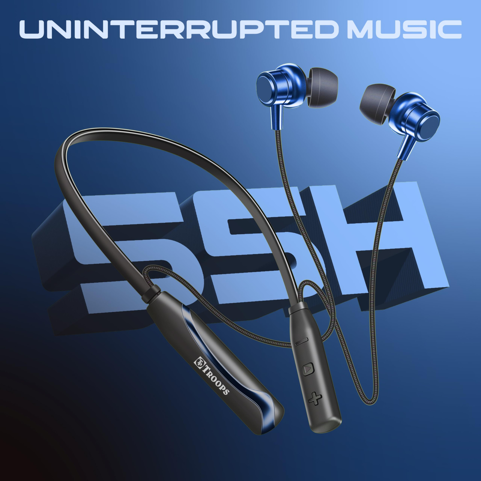 TP TROOPS Neckband Bluetooth Headphones with 55 Hours Playtime with 10mm Drivers Rich Music Experience BT 53v Type C Fast Charging Neckband In Ear Earphones IPX4 Water Resistant Blue