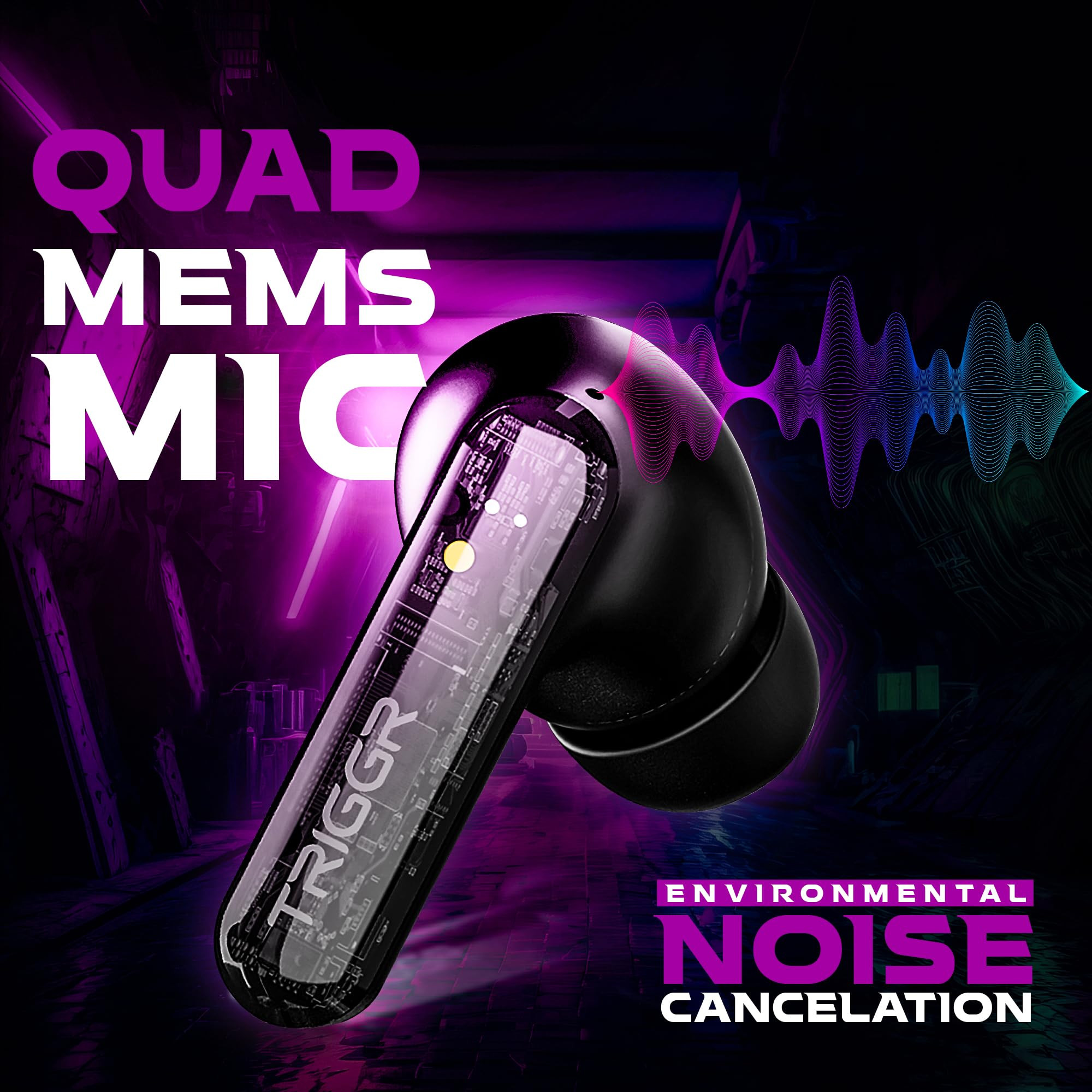 TRIGGR Kraken X3 Gaming Earbuds TWS Low Latency ENC Quad 4 Mics with Bluetooth v53 Rapid Pairing 40 Hrs Playtime IPX4 Water Resistance Wireless in-Ear RGB Earpods Black