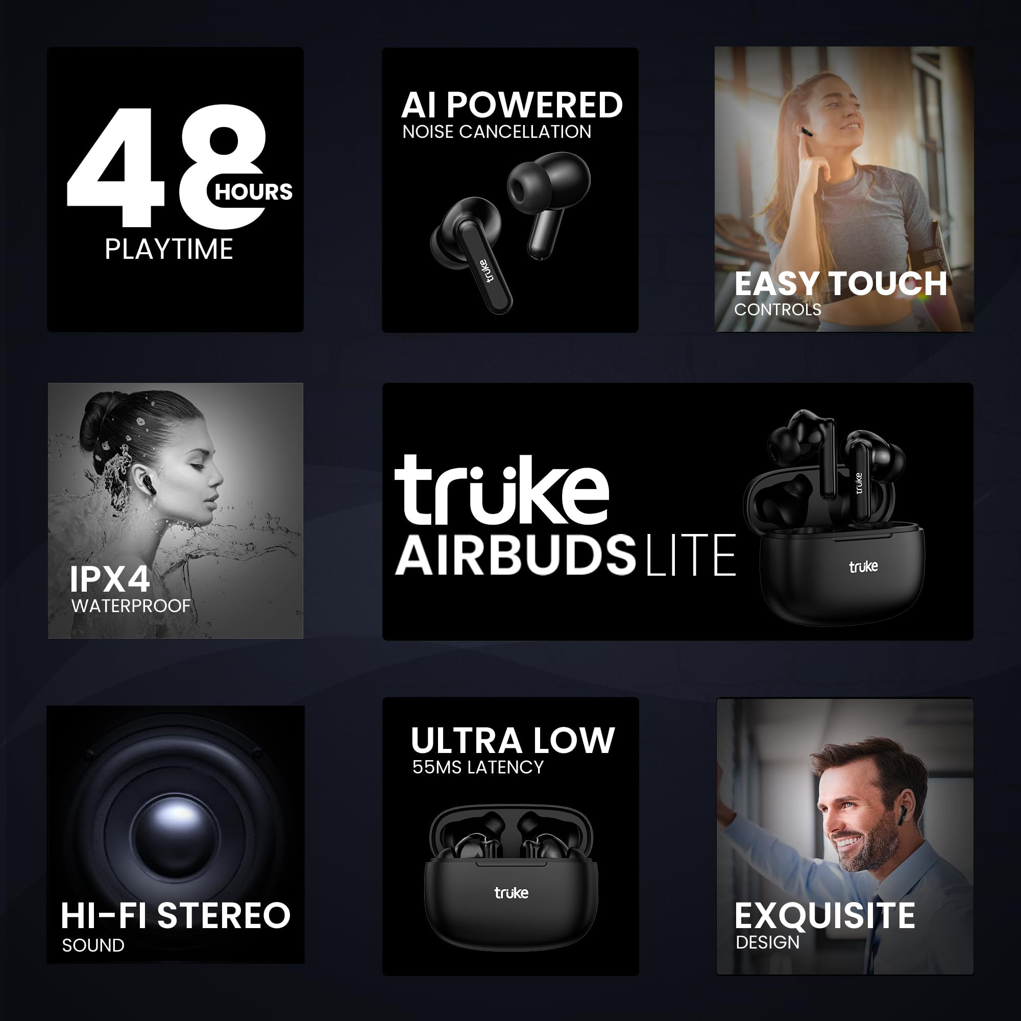 truke Air Buds Lite True Wireless in Ear Earbuds with 10H Single Charge Playtime Gaming Mode ENC AAC Codec Bluetooth 51 IPX4 Black