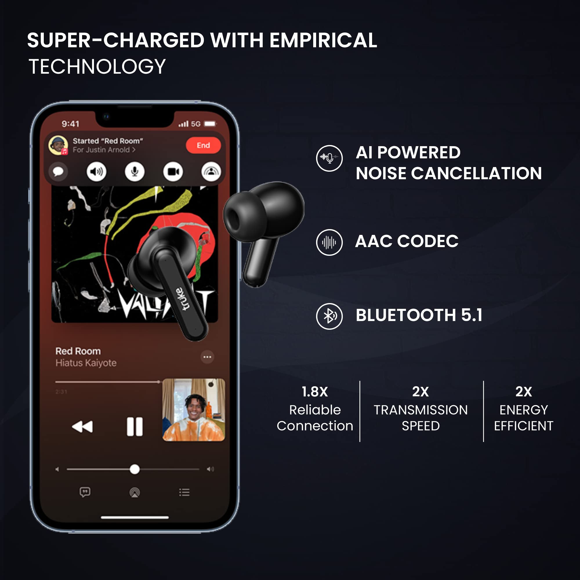 truke Air Buds Lite True Wireless in Ear Earbuds with 10H Single Charge Playtime Gaming Mode ENC AAC Codec Bluetooth 51 IPX4 Black