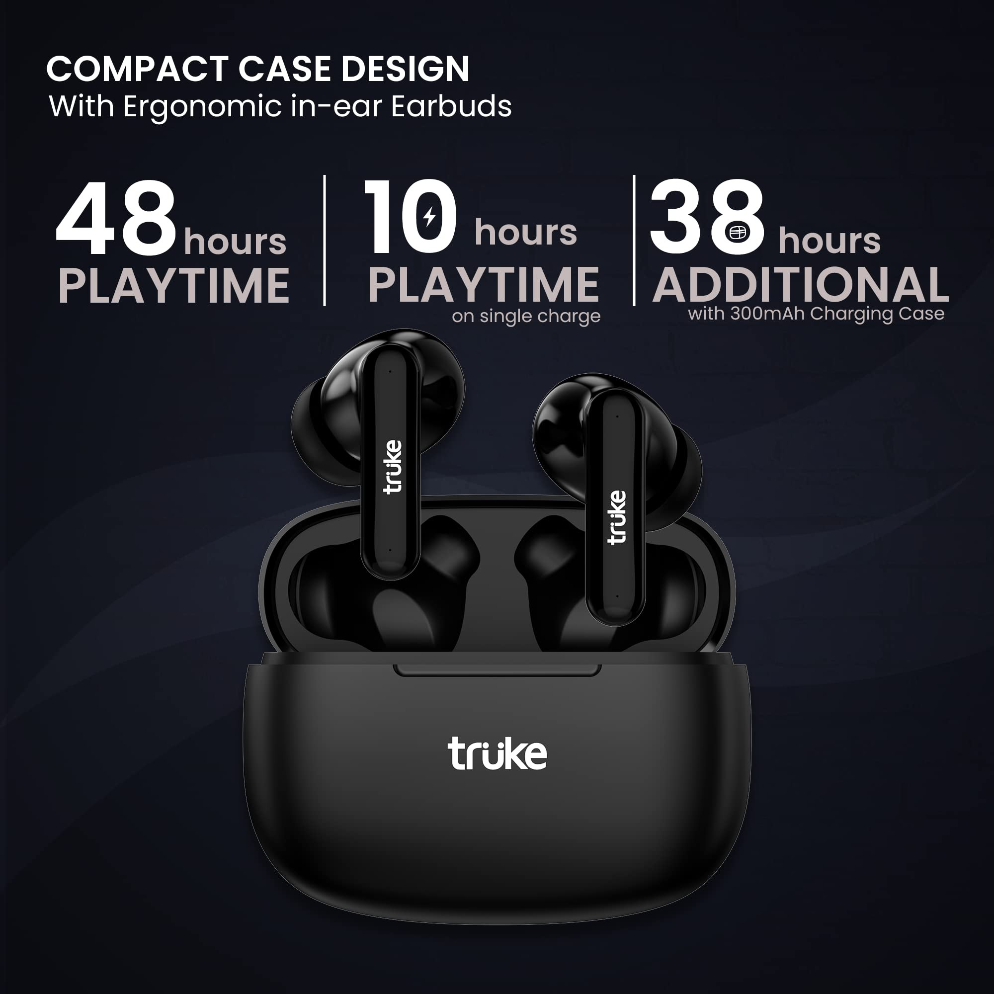 truke Air Buds Lite True Wireless in Ear Earbuds with 10H Single Charge Playtime Gaming Mode ENC AAC Codec Bluetooth 51 IPX4 Black