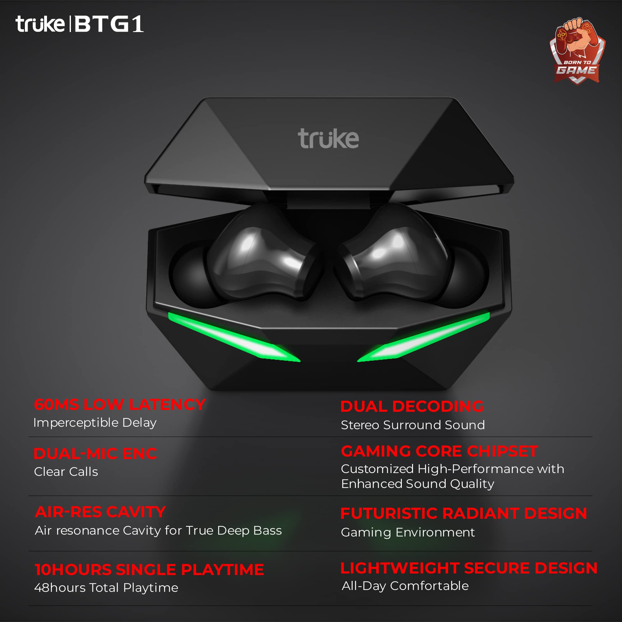 truke Buds BTG1 True Wireless Earbuds with Environmental Noise CancellationENC Quad MEMS Mic for Clear Calls Up to 48hrs of Playtime 60ms Low Latency Bluetooth 51 IPX4