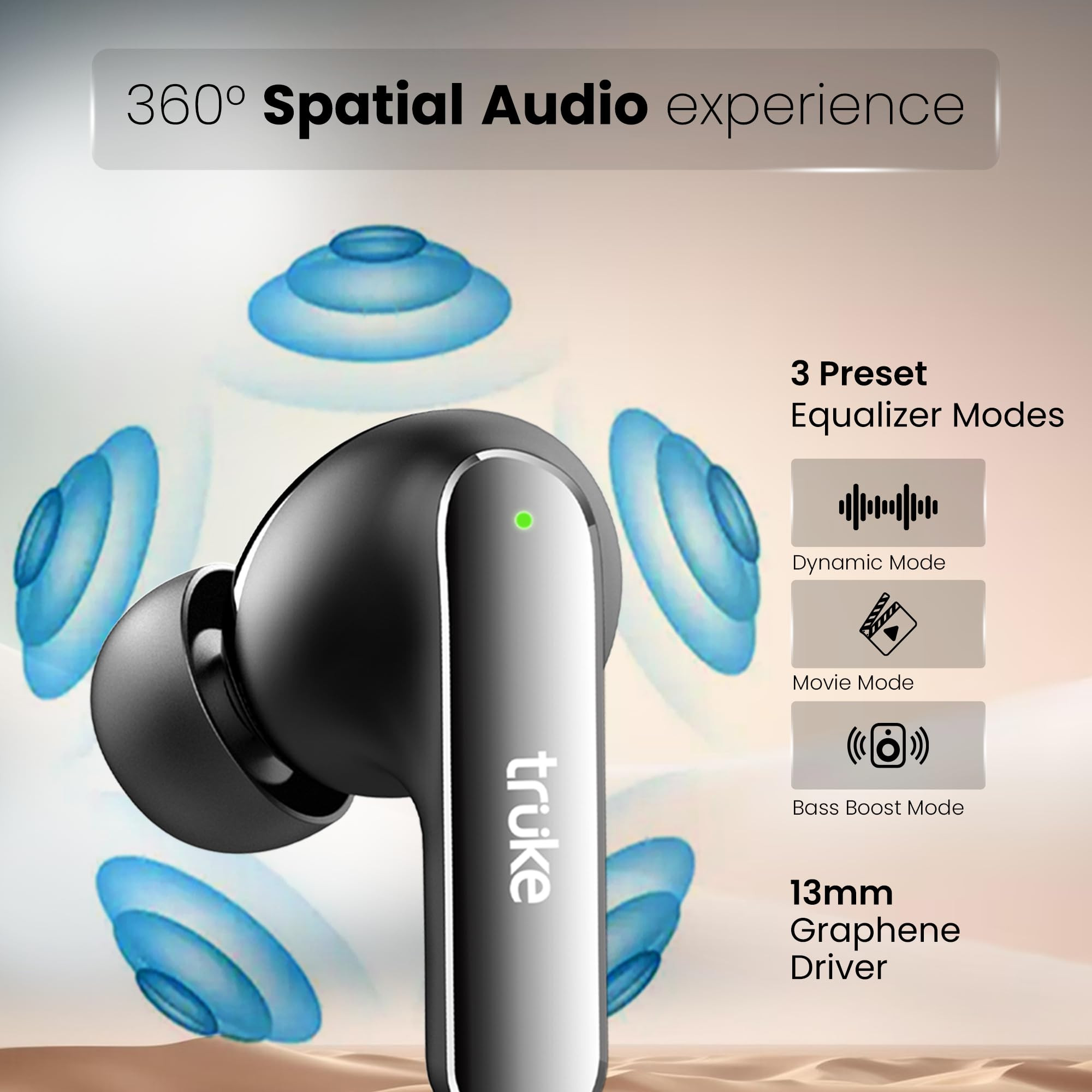 truke Buds F1 Ultra True Wireless in Ear Earbuds Spatial Audio Experience 60H Playtime Ear Buds Quad Mics Crystal-Clear Calls Fast Charging Bluetooth 53 Noise Cancellation Gaming Mode Black