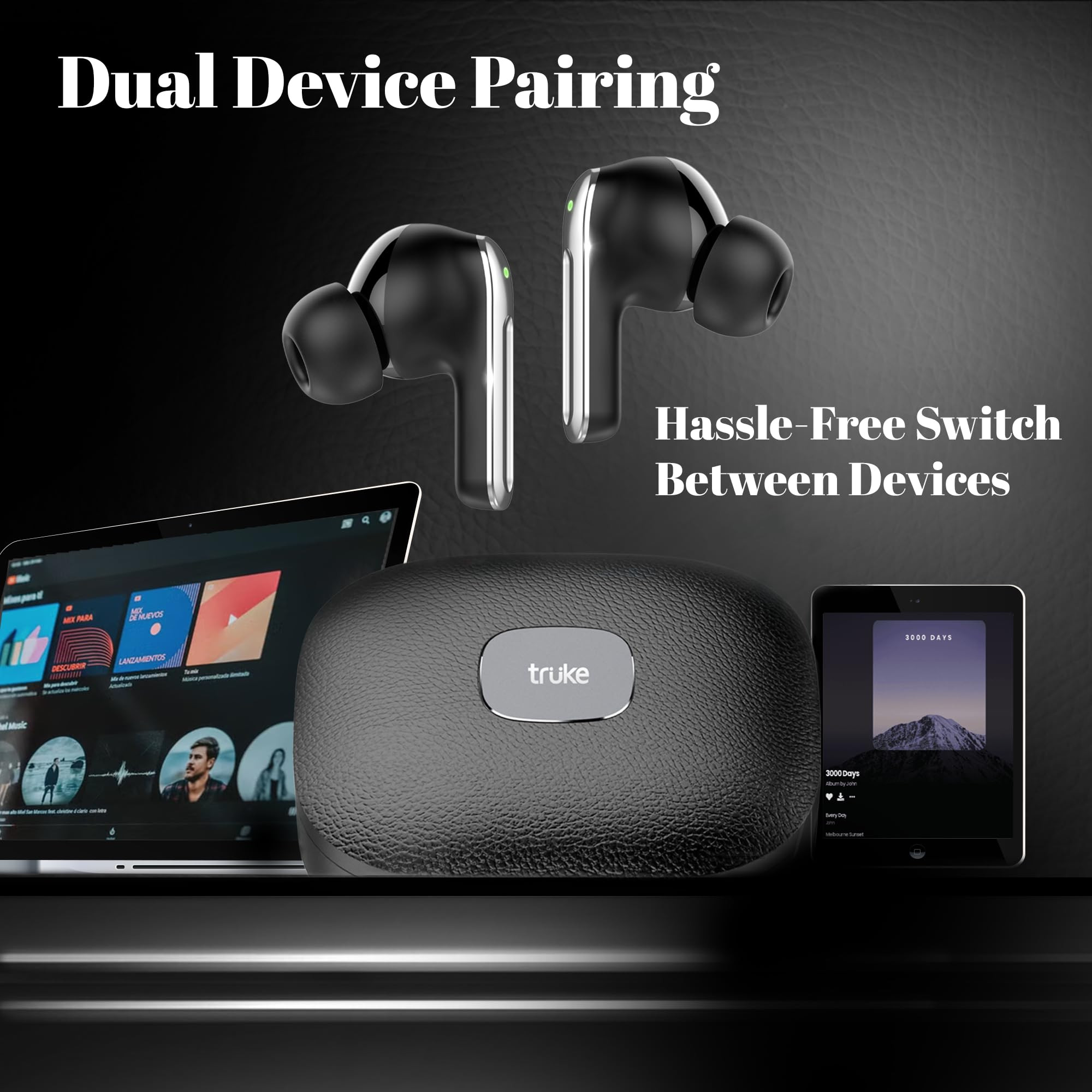 truke Mega 9 New Launch True Wireless in Ear Earbuds W 24-Bit Lossless Spatial Audio 70H Battery Fast Charge Ear Buds Leather Finish 13mm Speakers TWS 40ms Ultra Low Latency 4Mics ENC