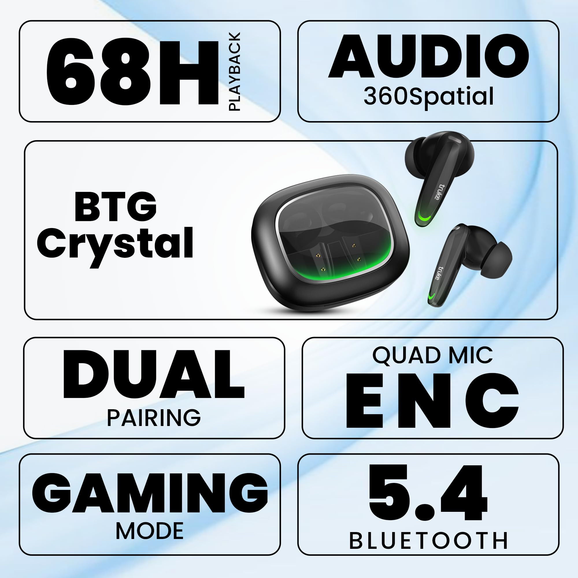 truke New Launch BTG Crystal True Wireless in Ear Buds with Dual Pairing Spatial Audio Earbuds 40ms Low Latency 68H Playtime Fast Charge HiFi DSP Sound 4Mics ENC 13mm Driver Bluetooth 54-Black
