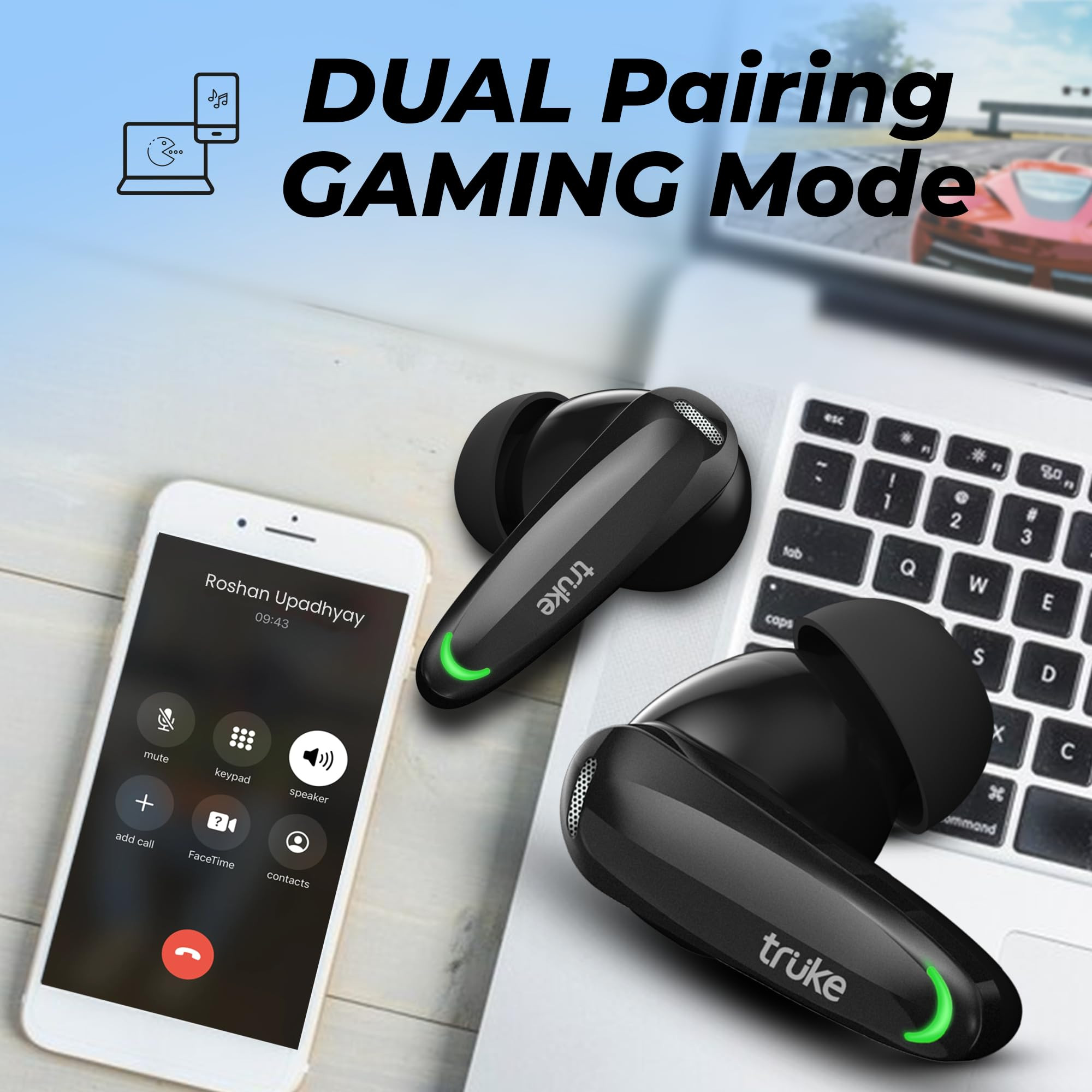 truke New Launch BTG Crystal True Wireless in Ear Buds with Dual Pairing Spatial Audio Earbuds 40ms Low Latency 68H Playtime Fast Charge HiFi DSP Sound 4Mics ENC 13mm Driver Bluetooth 54-Black