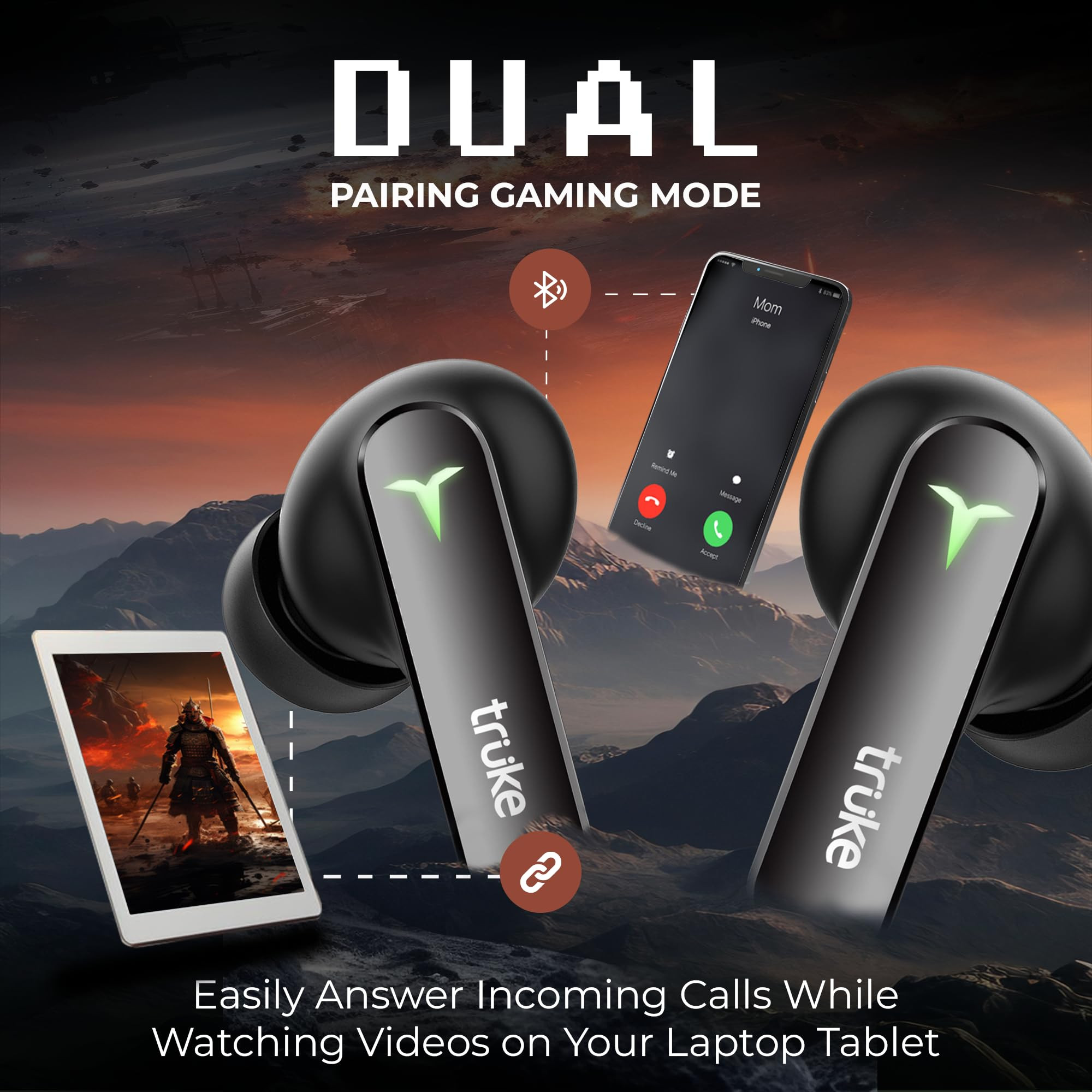 truke New Launch BTG Flex True Wireless in Ear Earbuds Dual Pairing Ear Buds 40ms Low Latency Gaming Mode 60H Playtime Fast Charging HiFi DSP Sound Quad-Mic ENC 13mm DriverBluetooth 54Black