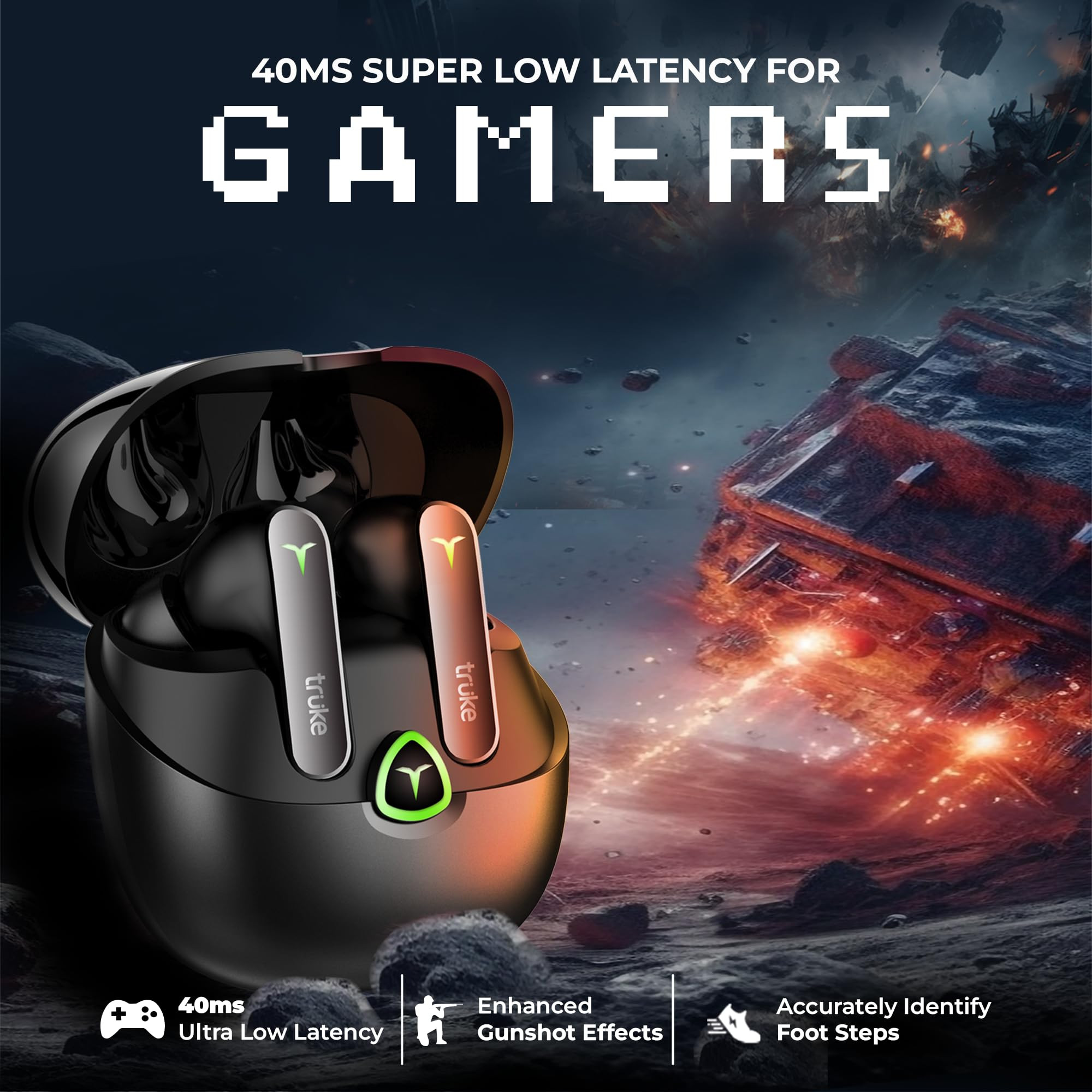 truke New Launch BTG Flex True Wireless in Ear Earbuds Dual Pairing Ear Buds 40ms Low Latency Gaming Mode 60H Playtime Fast Charging HiFi DSP Sound Quad-Mic ENC 13mm DriverBluetooth 54Black