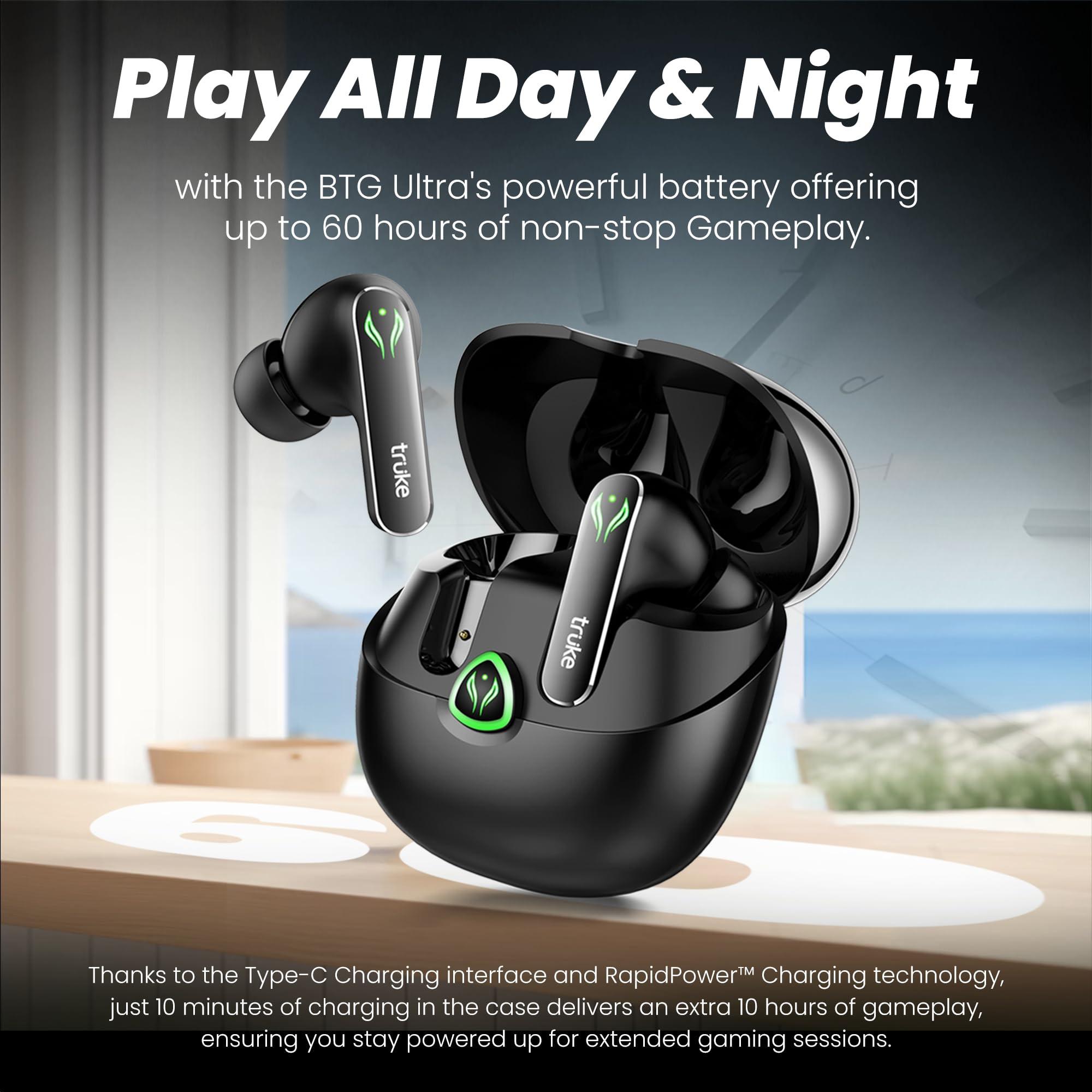 truke New Launch BTG Ultra True Wireless in Ear Earbuds 40ms Ultra Low Latency Battle Mode Gaming Ear Buds 60H Playtime Quad Mics Crystal-Clear Calls Fast Charging BT 54 Noise Cancellation