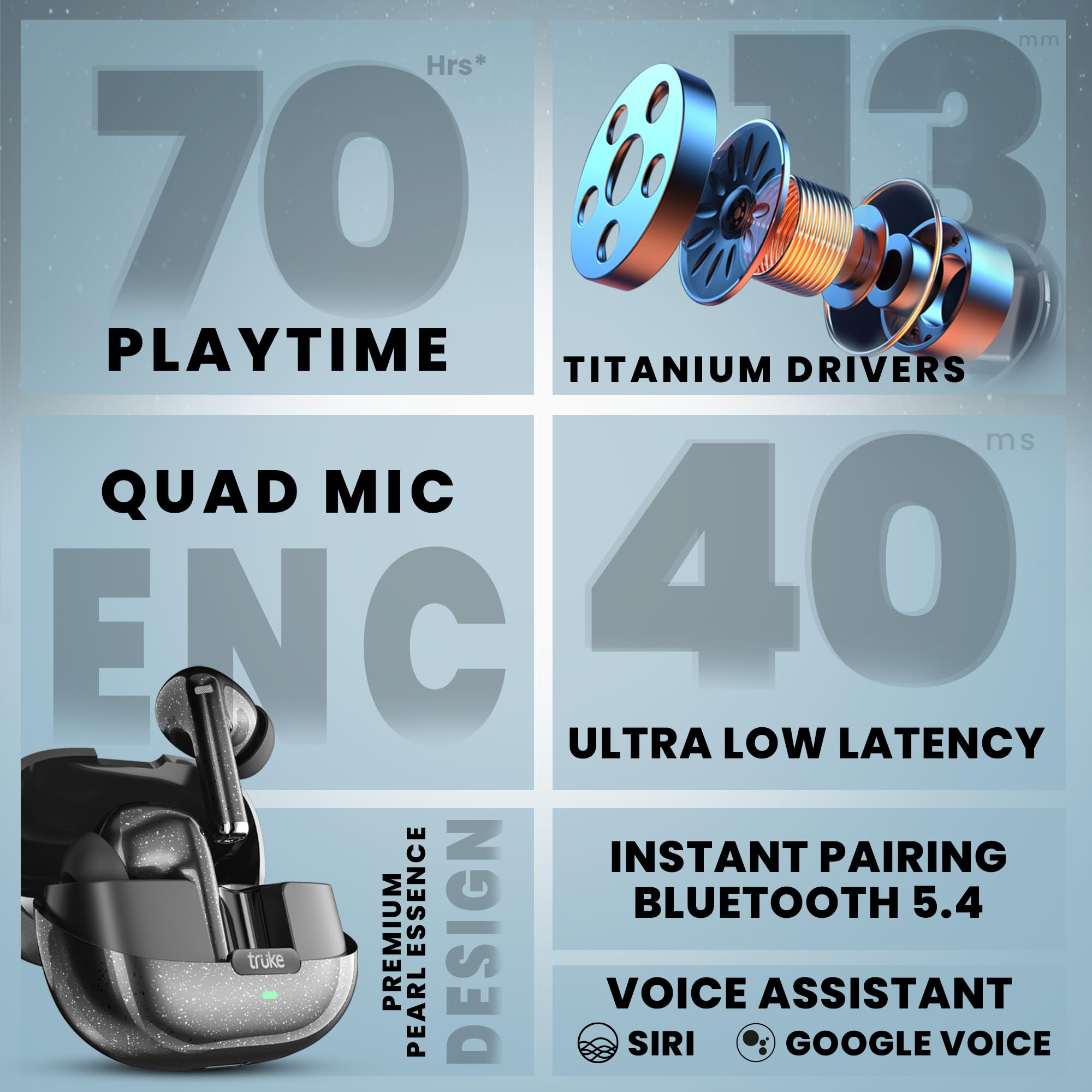 truke New Launch Buds Aura True Wireless in Ear Earbuds with 70Hrs of Playtime and Fast Charging Ear Buds 13mm Titanium Drivers Quad-MIC ENC TWS 40ms Low Latency Gaming Buds BT 54 CarbonBlack