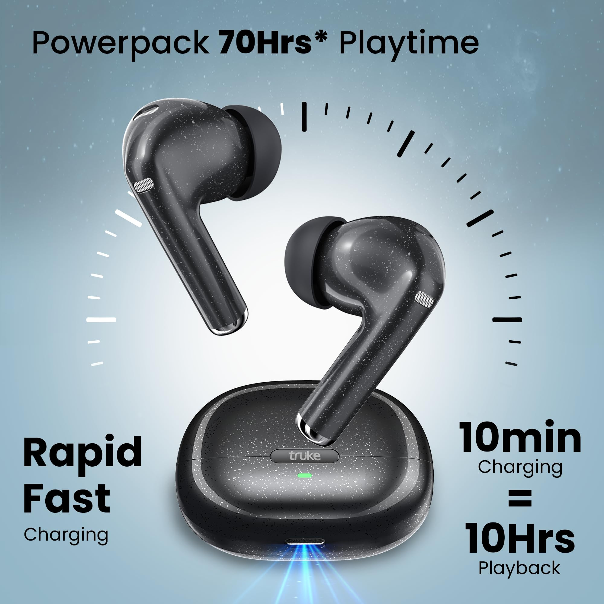 truke New Launch Buds Aura True Wireless in Ear Earbuds with 70Hrs of Playtime and Fast Charging Ear Buds 13mm Titanium Drivers Quad-MIC ENC TWS 40ms Low Latency Gaming Buds BT 54 CarbonBlack