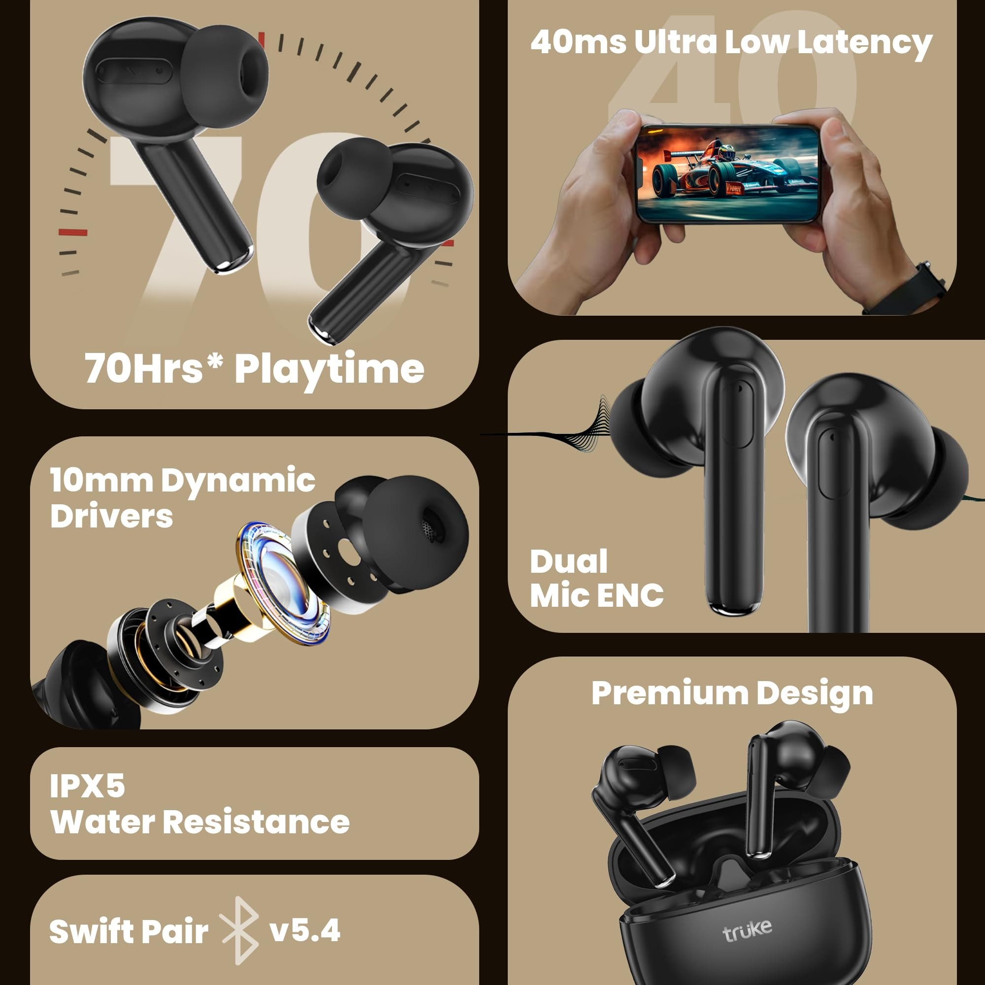 truke New Launch Buds Elite True Wireless in Ear Earbuds with 10mm Dynamic Driver 70Hrs Battery Fast Charging EarBuds Dual-MIC ENC TWS 40ms Low Latency Gaming Buds Volume Control BT 54 Black