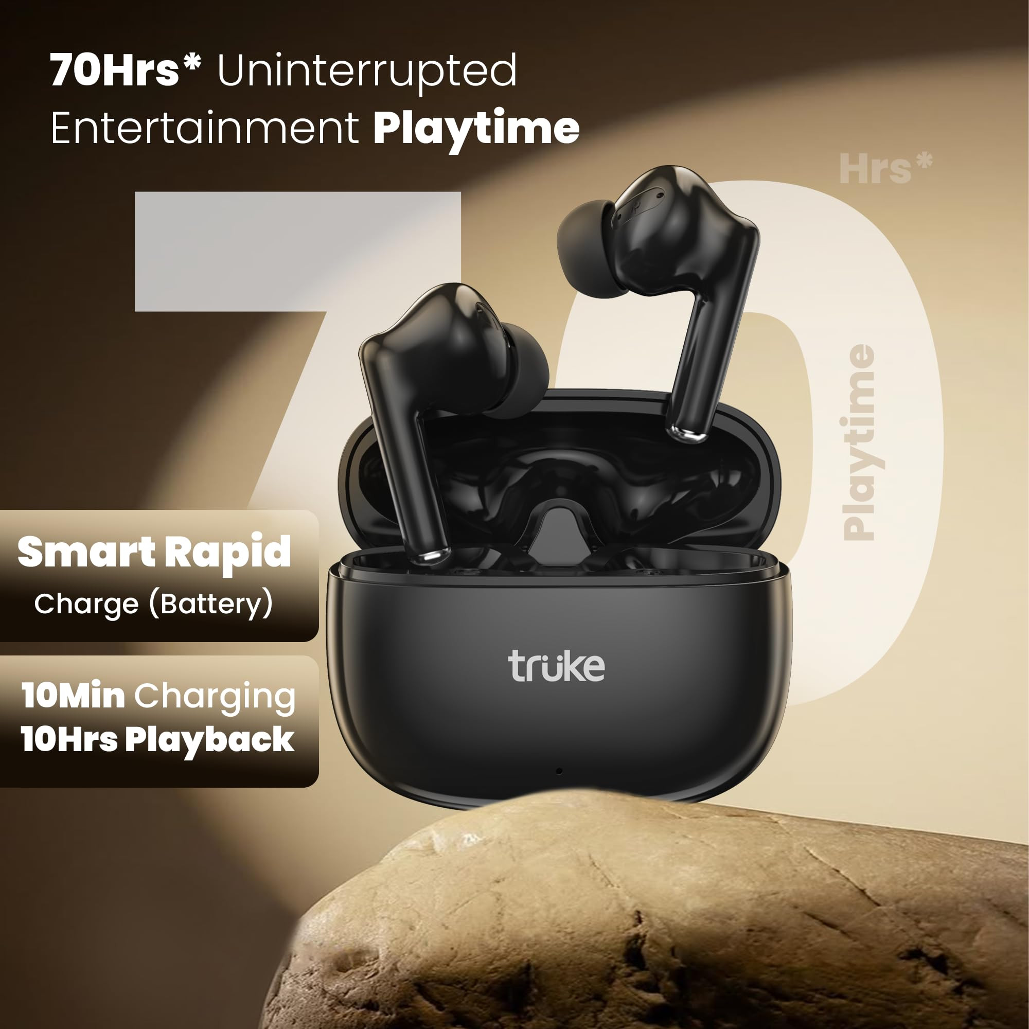 truke New Launch Buds Elite True Wireless in Ear Earbuds with 10mm Dynamic Driver 70Hrs Battery Fast Charging EarBuds Dual-MIC ENC TWS 40ms Low Latency Gaming Buds Volume Control BT 54 Black
