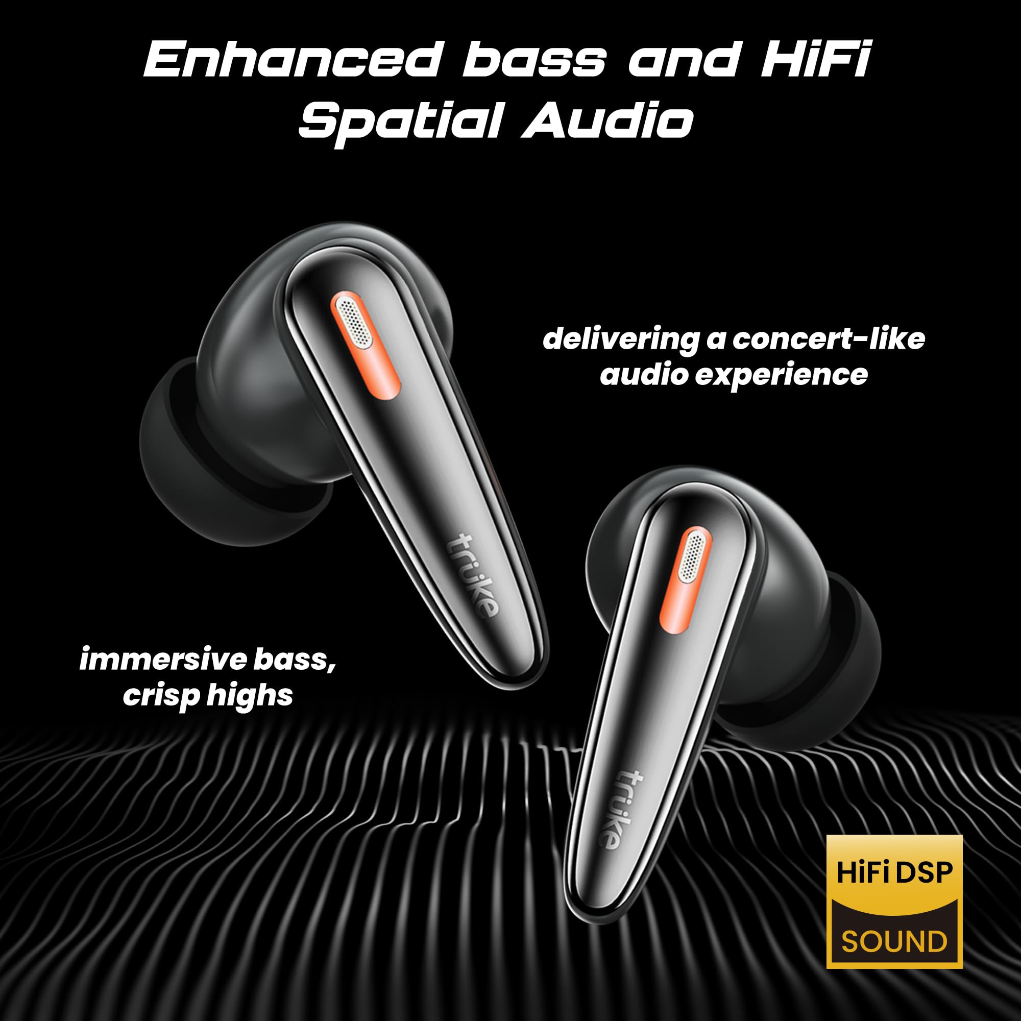 truke New Launch Crystal Bass True Wireless in Ear Earbuds with 13mm Drivers 70H Playtime Fast Charge Made in India HiFi Sound TWS 40ms Low Latency 4Mics ENC BT 54 Matte Black