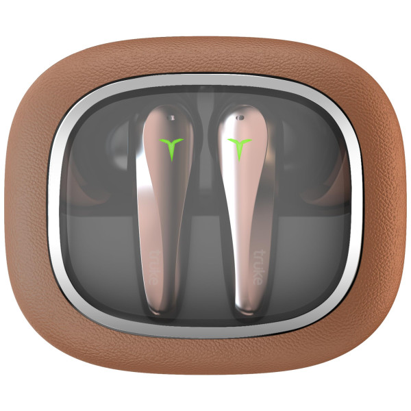 Image of truke New Launch Crystal Dyno Leather Finish True Wireless in Ear Earbuds w/Spatial Audio, 70H Battery Rapid Charge Ear Buds, 13mm Driver HiFi Sound TWS, 40ms Ultra Low Latency, 4Mics ENC - OakBrown