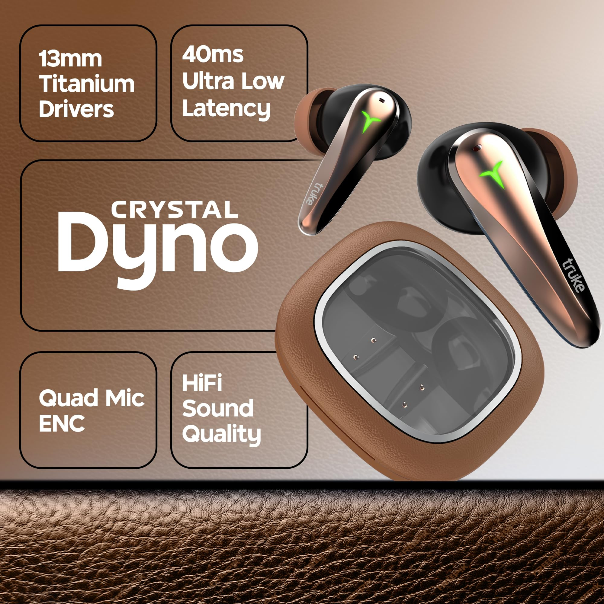 truke New Launch Crystal Dyno Leather Finish True Wireless in Ear Earbuds wSpatial Audio 70H Battery Rapid Charge Ear Buds 13mm Driver HiFi Sound TWS 40ms Ultra Low Latency 4Mics ENC - OakBrown