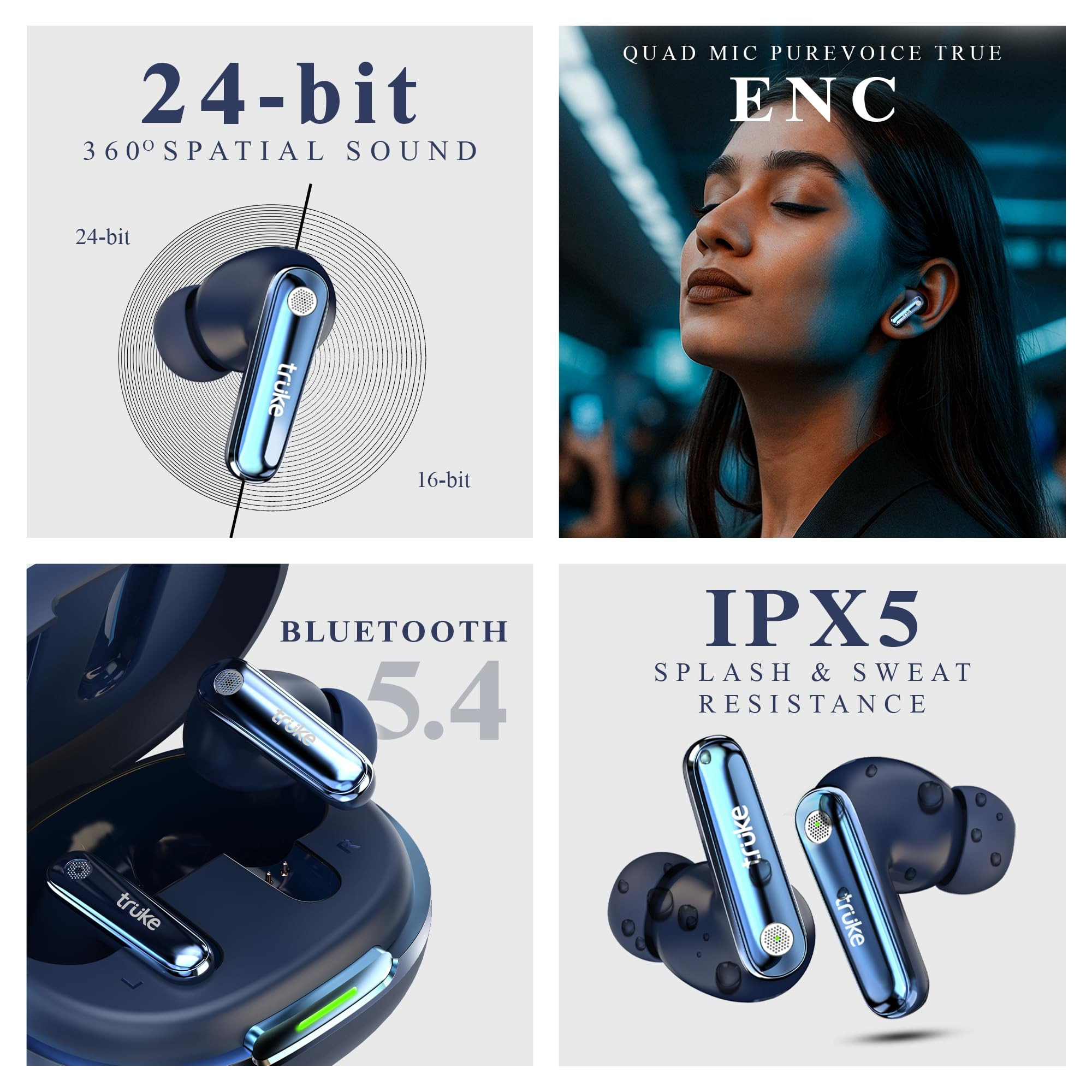 truke New Launch Mega 10 True Wireless in Ear Earbuds W 24-Bit Lossless Spatial Audio 70H Battery Fast Charge Buds Dual Pairing 13mm Drivers TWS Low Latency40ms Matte Finish ENC Royal Blue