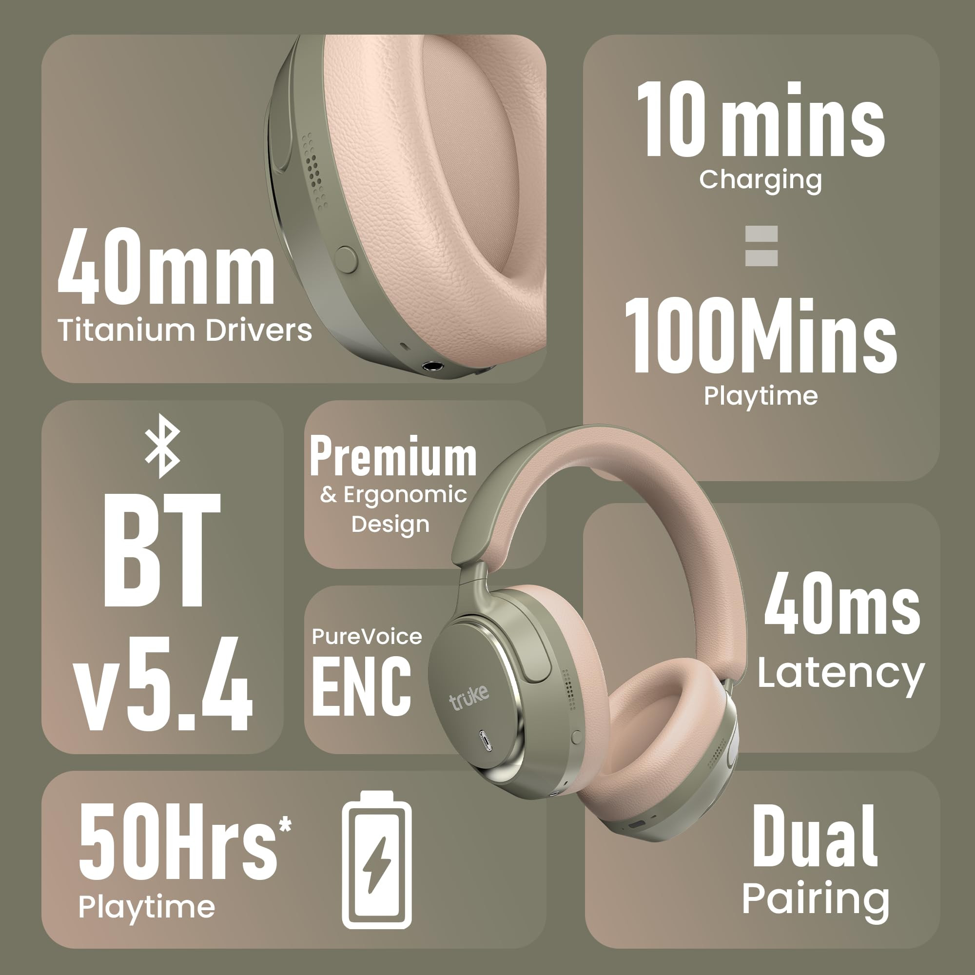 truke Newly Launch Aura Bass Over The Ear Headphone with 50H of Playtime 40mm Titanium Drivers Dual Pairing Headset 40ms Ultra Low Latency ENC Premium Design Comfort Green