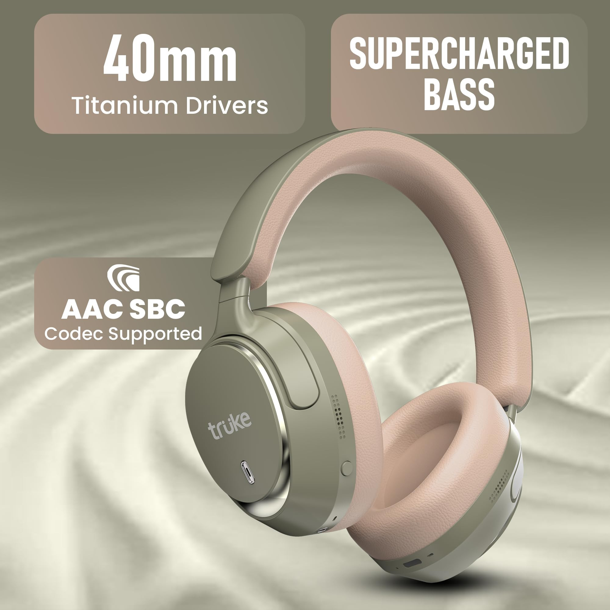truke Newly Launch Aura Bass Over The Ear Headphone with 50H of Playtime 40mm Titanium Drivers Dual Pairing Headset 40ms Ultra Low Latency ENC Premium Design Comfort Green