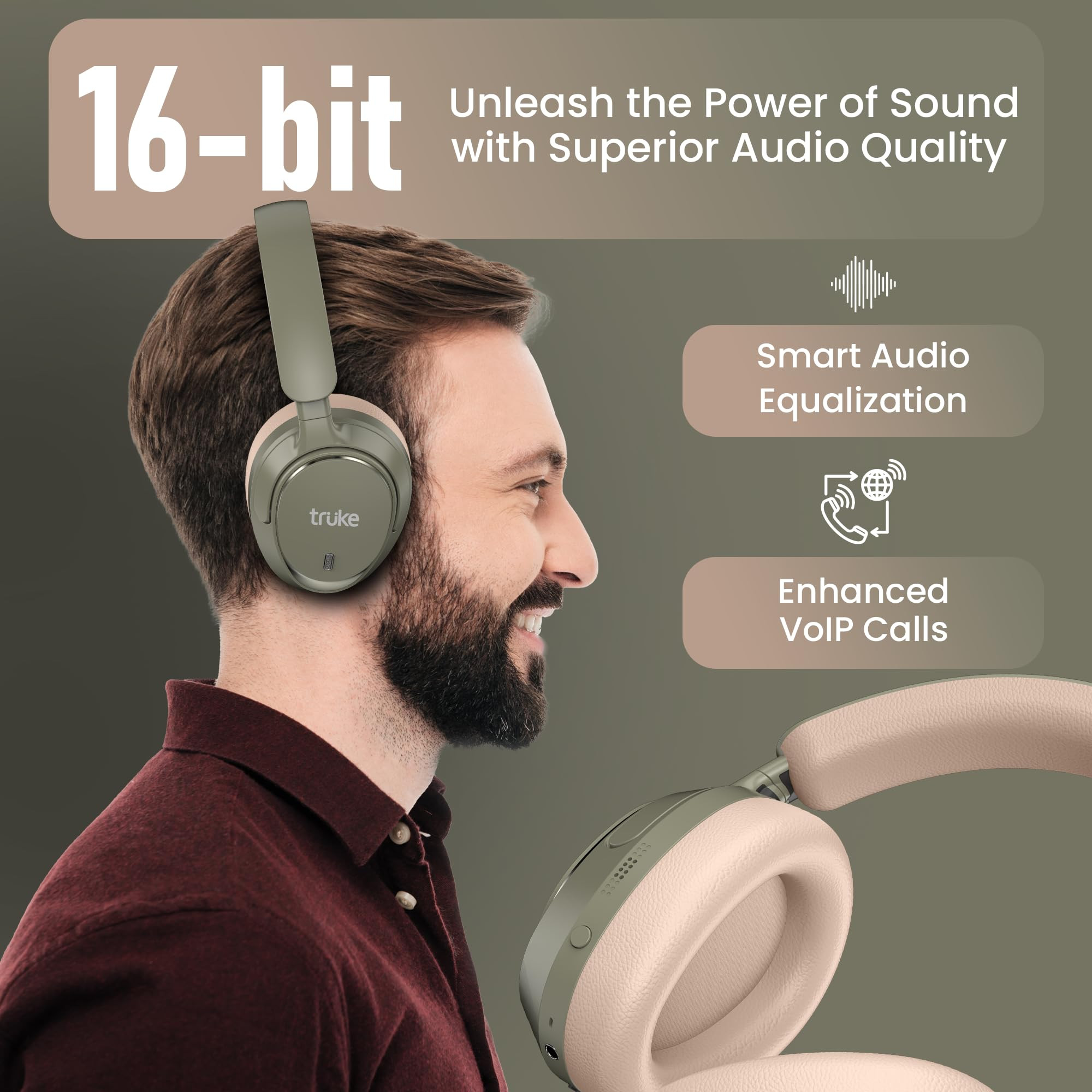 truke Newly Launch Aura Bass Over The Ear Headphone with 50H of Playtime 40mm Titanium Drivers Dual Pairing Headset 40ms Ultra Low Latency ENC Premium Design Comfort Green