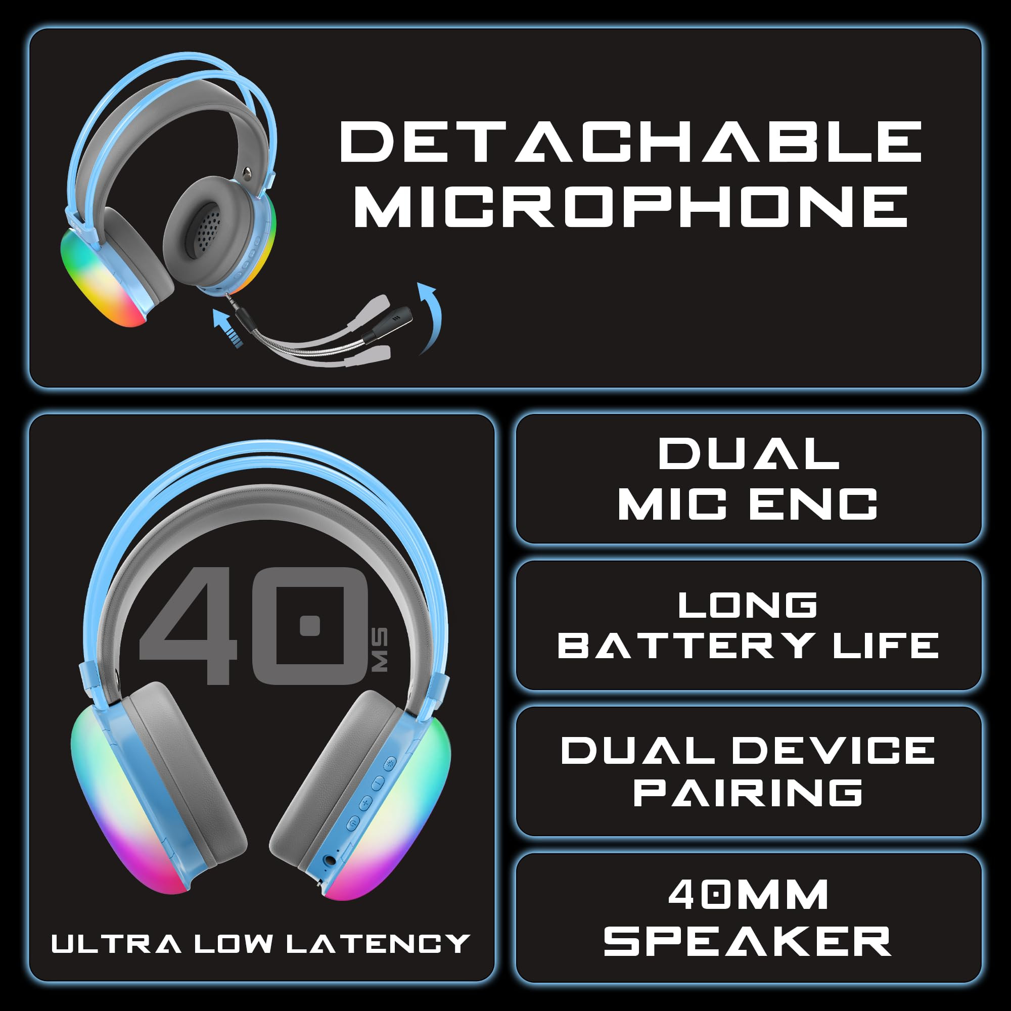 truke Newly Launched BTG Thunder Over The Ear Gaming Headphone with 70H of Playtime 40mm Titanium Drivers Dual Pairing Headset Gaming Mode 40ms Latency with RGB LEDs Detachable Mic BT 54-Blue