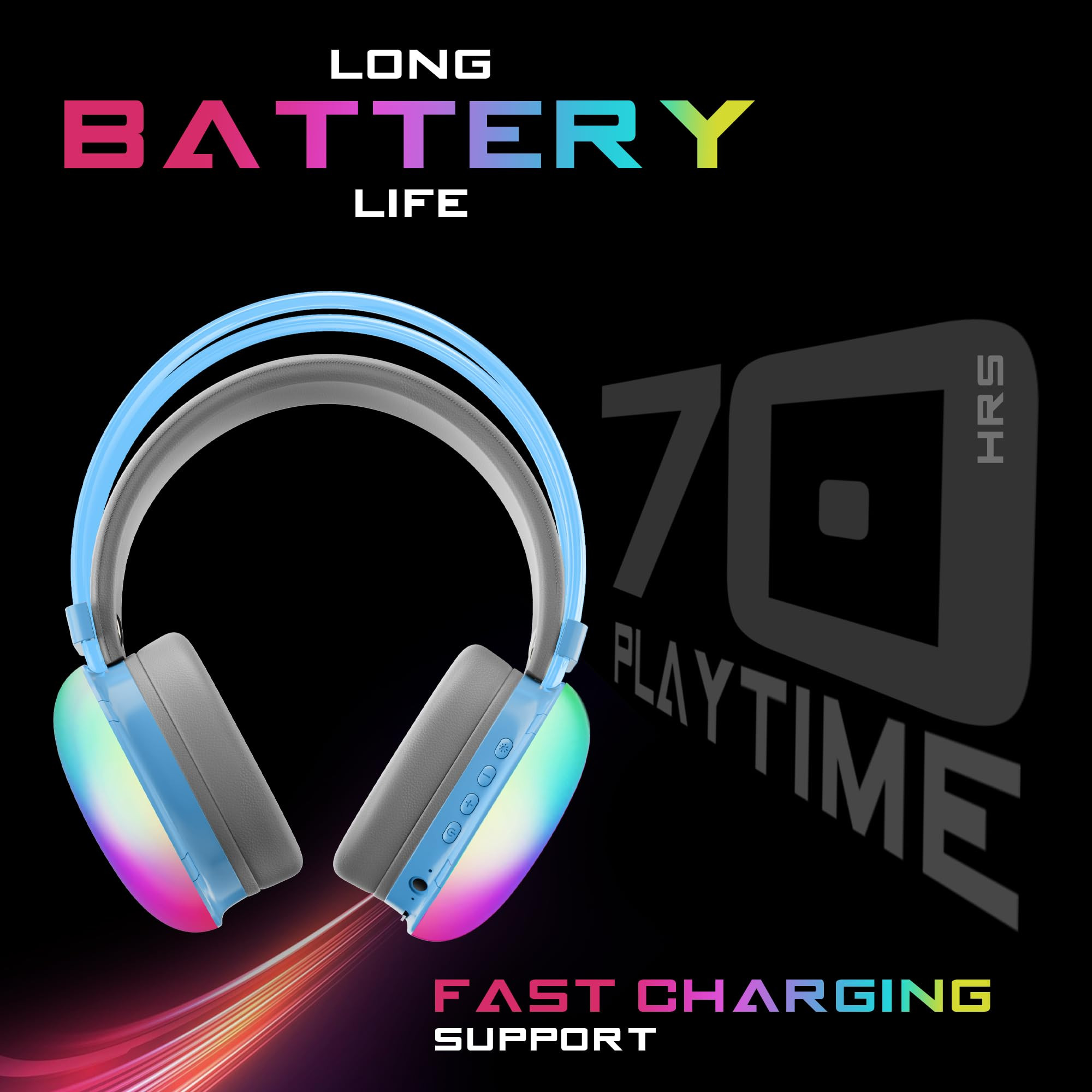 truke Newly Launched BTG Thunder Over The Ear Gaming Headphone with 70H of Playtime 40mm Titanium Drivers Dual Pairing Headset Gaming Mode 40ms Latency with RGB LEDs Detachable Mic BT 54-Blue