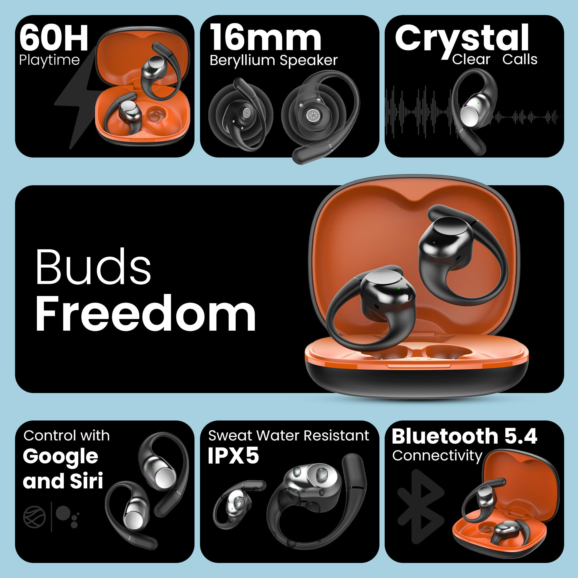 truke Newly Launched Buds Freedom Open Ear Wireless Earbuds with PureVoice Technology 16mm Beryllium Speaker 60H Playtime Quad Mic for Crystal-Clear Calls Fast Charging BT 54 Sunset Black