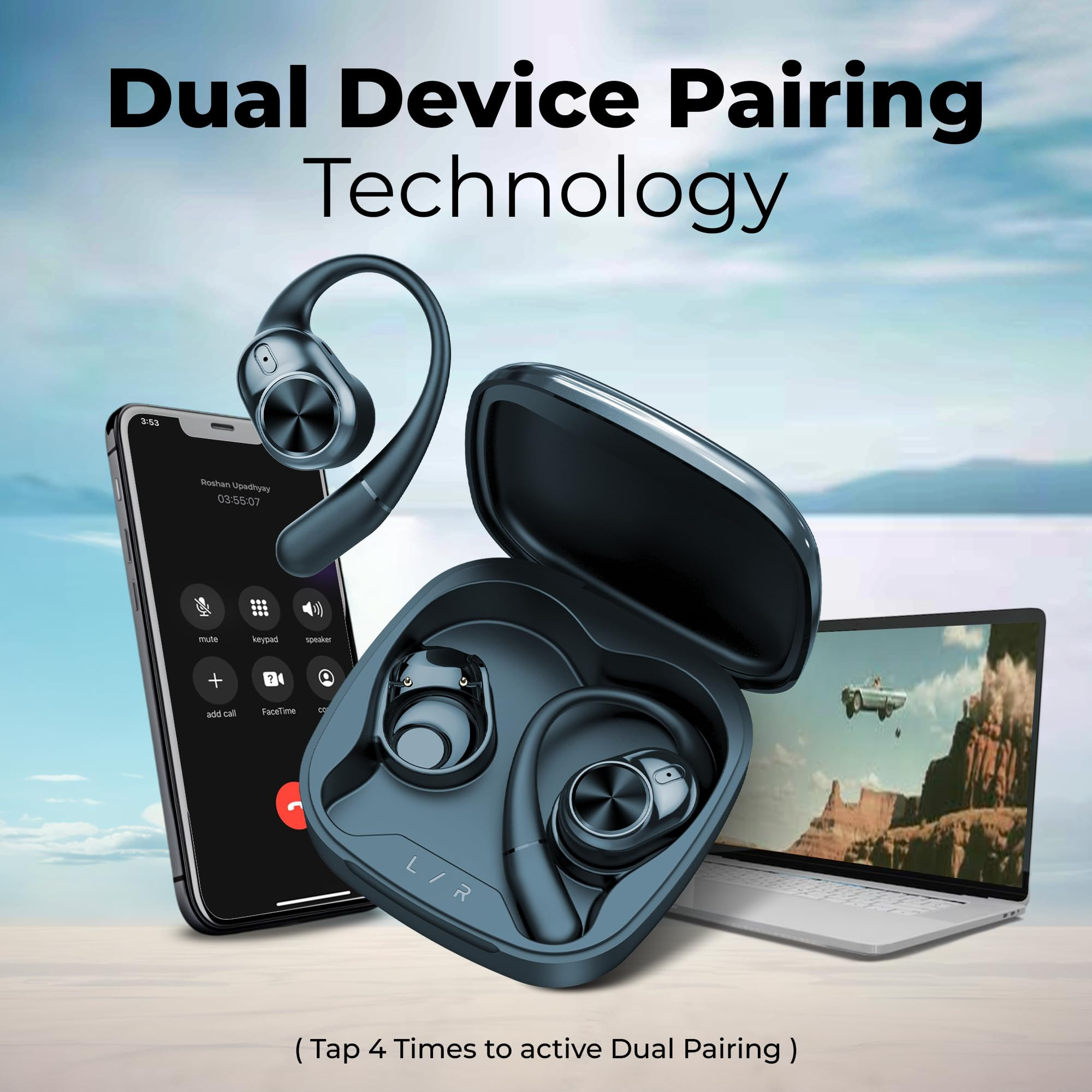 truke Newly Launched Buds Infinity Open Ear Wireless Earbuds with 70Hours of Playtime 16mm Titanium Speaker Quad Mic PureVoice ENC for Clear Calls Dual Pairing Fast Charging OWS - Royal Blue