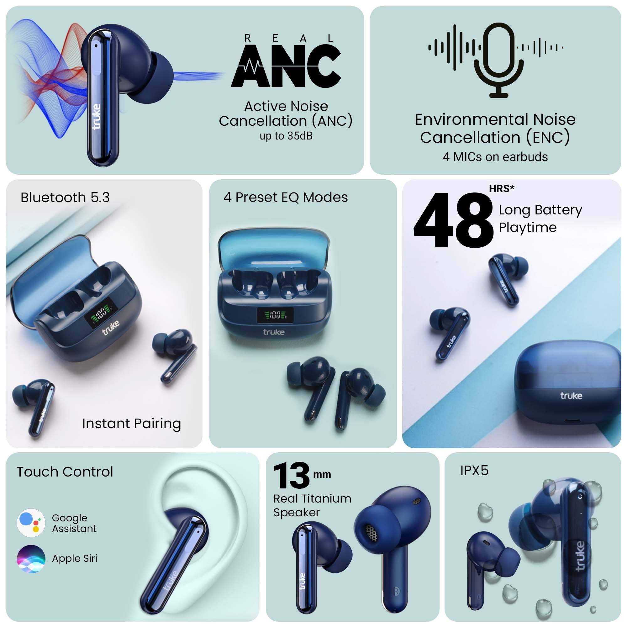 truke Newly Launched Buds Vibe True Wireless in Ear Earbuds with 35dB Real ANC Quad Mic ENC 13mm Big Speaker 4 EQ Modes 48H Playtime Fast Charge 40ms Low Latency AAC Codec BT 53 IPX5Blue