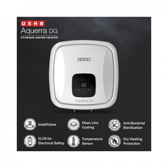 Usha Aquerra Dg 15 Litre 5 Star Digital Storage Water Heater With Remote White Wall Mounting