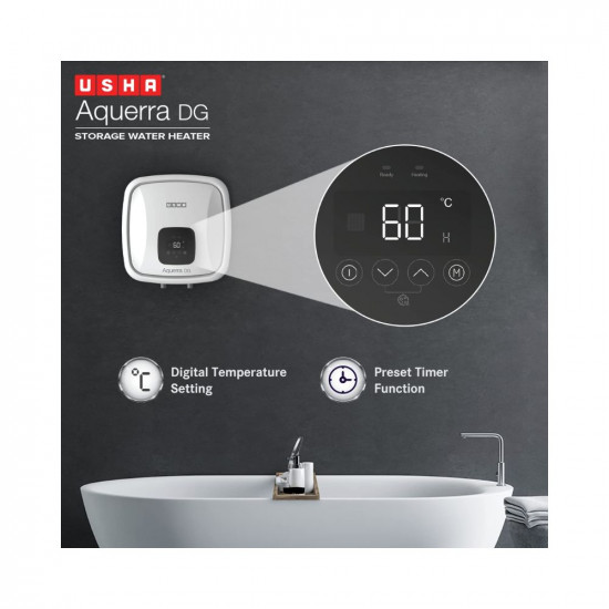 Usha Aquerra Dg 15 Litre 5 Star Digital Storage Water Heater With Remote White Wall Mounting