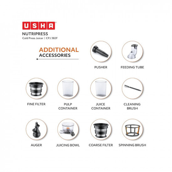 USHA Cpj 382F Nutripress Cold Press Juicer with Full Mouth Feeding Tube 200 Watts Black  White 200 Watt