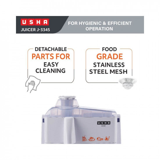 USHA J 3345 450 W Juicer 5 Years Warranty On Motor 3 Speed With Pulse Function White 450 Watt