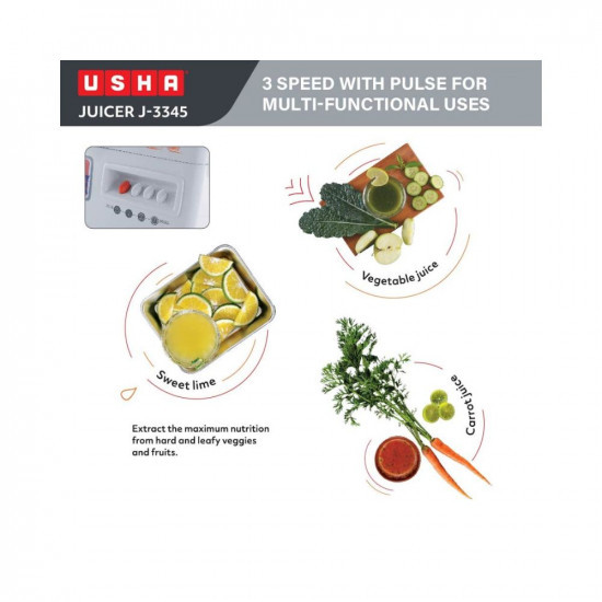 USHA J 3345 450 W Juicer 5 Years Warranty On Motor 3 Speed With Pulse Function White 450 Watt