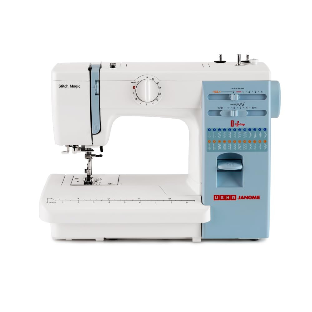 Usha Janome Stitch Magic Automatic Zig-Zag Electric Sewing Machine 23 Built-In-Stitches 57 Stitch FunctionWhite And Blue with complementary Sewing Lessons in Nine languages