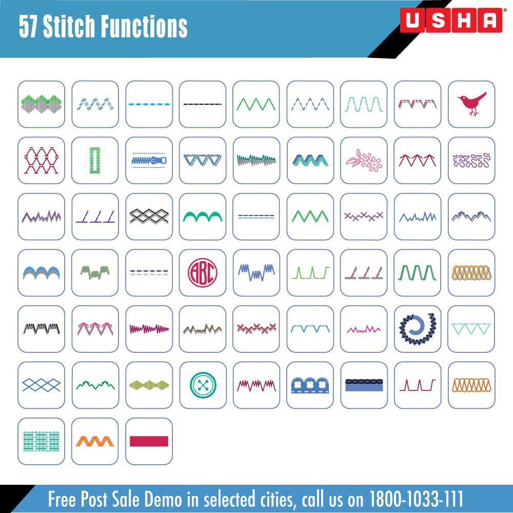 Usha Janome Stitch Magic Automatic Zig-Zag Electric Sewing Machine 23 Built-In-Stitches 57 Stitch FunctionWhite And Blue with complementary Sewing Lessons in Nine languages