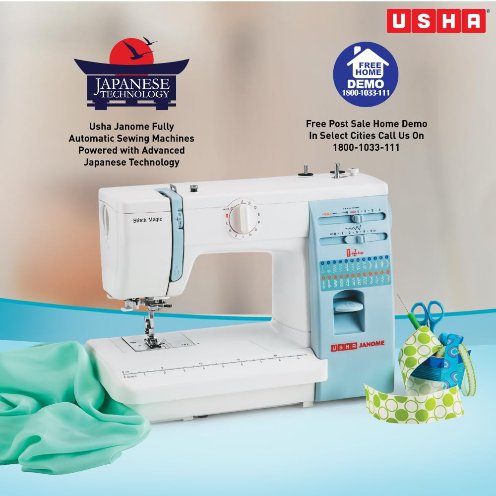 Usha Janome Stitch Magic Automatic Zig-Zag Electric Sewing Machine 23 Built-In-Stitches 57 Stitch FunctionWhite And Blue with complementary Sewing Lessons in Nine languages